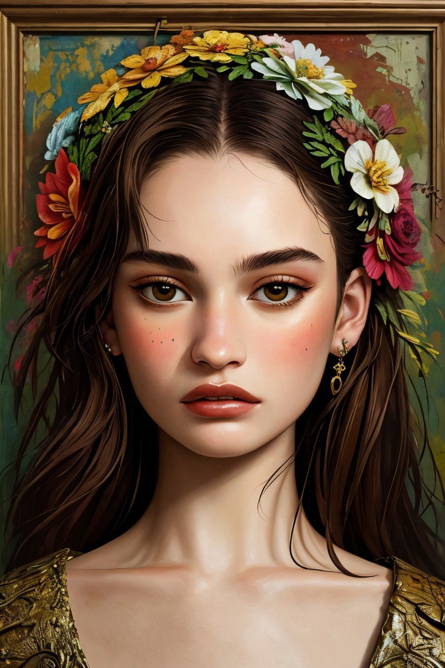 (junk art style, recycled, textured, detailed, assemblage:1.15), oil painting style portrait of <lora:sd15_LilyJames_locon_64_v1-000016:1> LilyJames, face, eyes, flower symbols