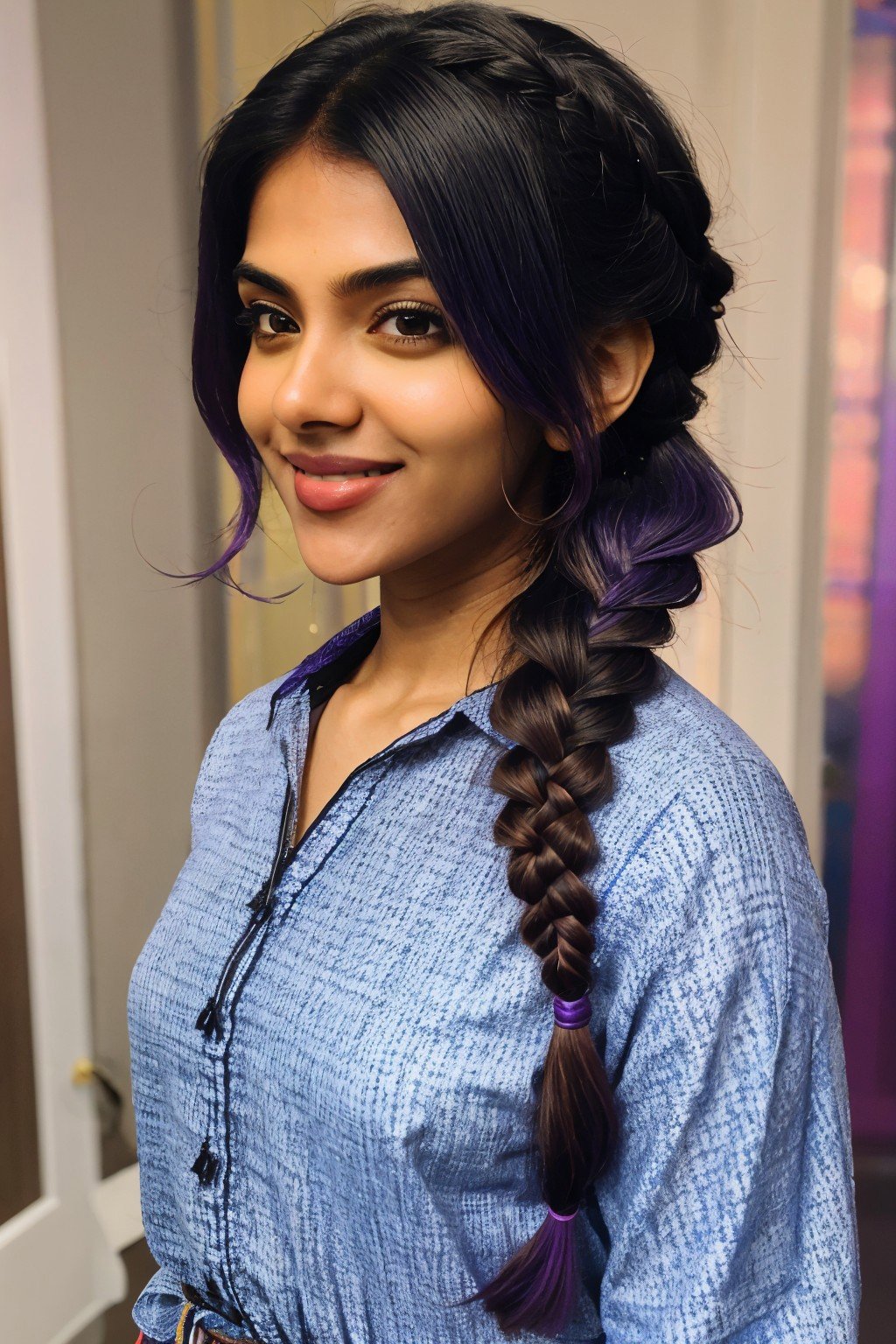 hyperrealistic rendition, ultra detailed, realistic, high definition, (medium shot:1.4), realistic photo of <lyco:sd15_ChhaviVerg_loha_64_v1-000007:1> ChhaviVerg, grinning, violet color hair styled as fishtail braid