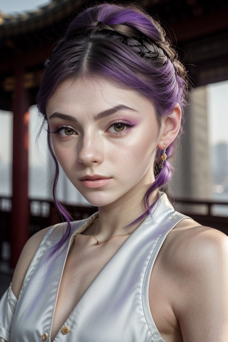 photo of <lora:sd15_SavannahRaeDemers_v2:.9> SavannahRaeDemers, focus on eyes, close up on face, pouting, pale orchid color hair styled chinese braided bun, lens flare