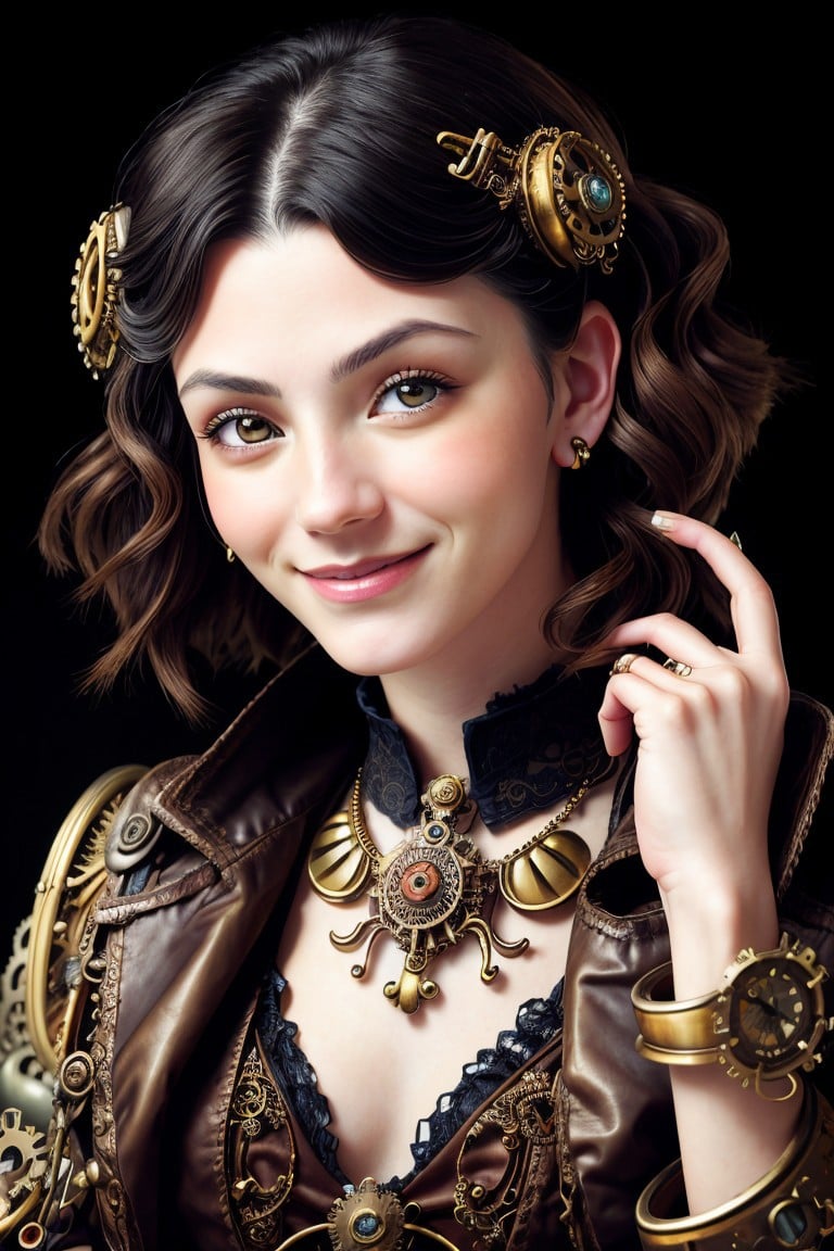 (steampunk style, gears, brass, Victorian, intricate, detailed:1.15), <lora:sd15_SavannahRaeDemers_v2:.9> SavannahRaeDemers, focus on eyes, close up on face, huge smile, wearing jewelry, hair styled finger waves lob hair,