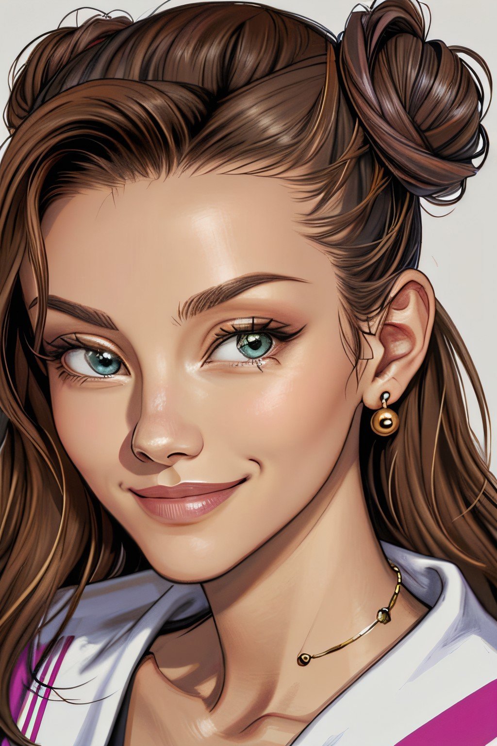 realistic photo of <lyco:sd15_NicolaCavanis_loha_64_v1:1> NicolaCavanis, focus on eyes, close up on face, smile, wearing jewelry, hair styled as spiral bun,