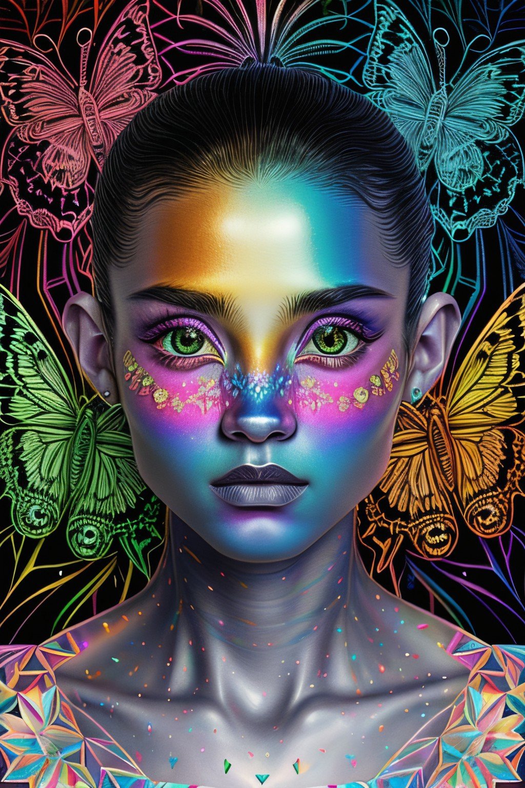 (holographic style, rainbow, shimmer, 3D effect, detailed:1.15), zentangle style portrait of <lyco:sd15_NicolaCavanis_loha_64_v1:1> NicolaCavanis, face, eyes, butterfly symbols