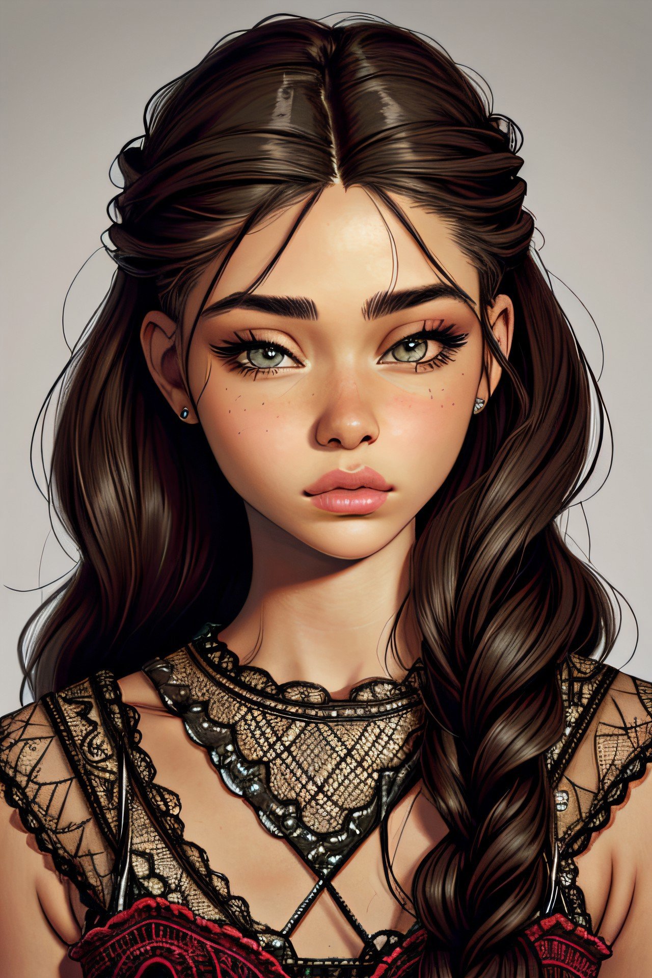 realistic photo of <lyco:sd15_MilanaVino_loha_32_v1-000011:.9> MilanaVino makeup, focus on eyes, close up on face, pouting, hair styled as crochet braids, desaturated grunge filter