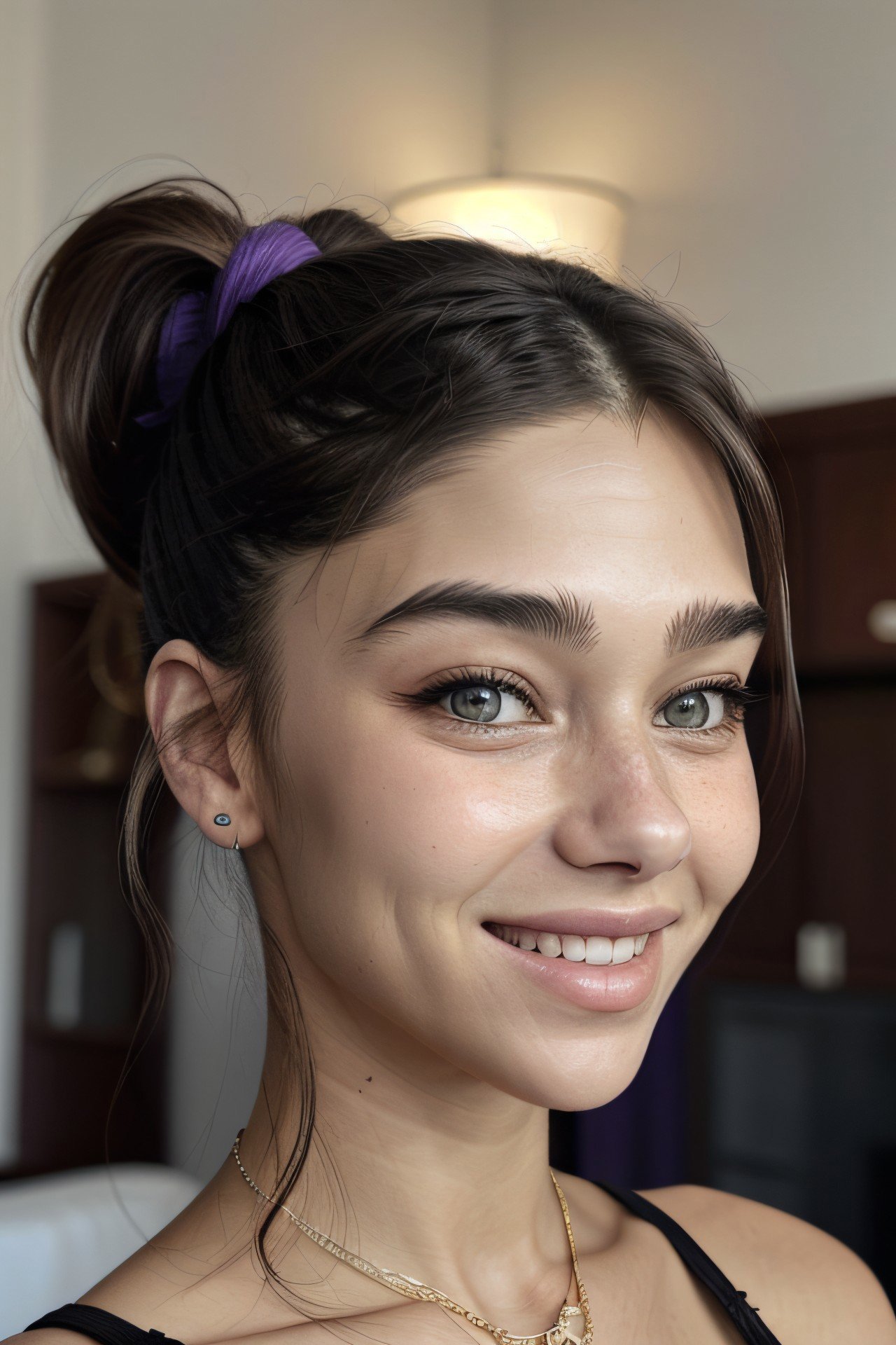 realistic photo of <lyco:sd15_MilanaVino_loha_32_v1-000011:.9> MilanaVino, focus on eyes, close up on face, smile, wearing jewelry, dark lavender color hair styled as half-up ponytail,