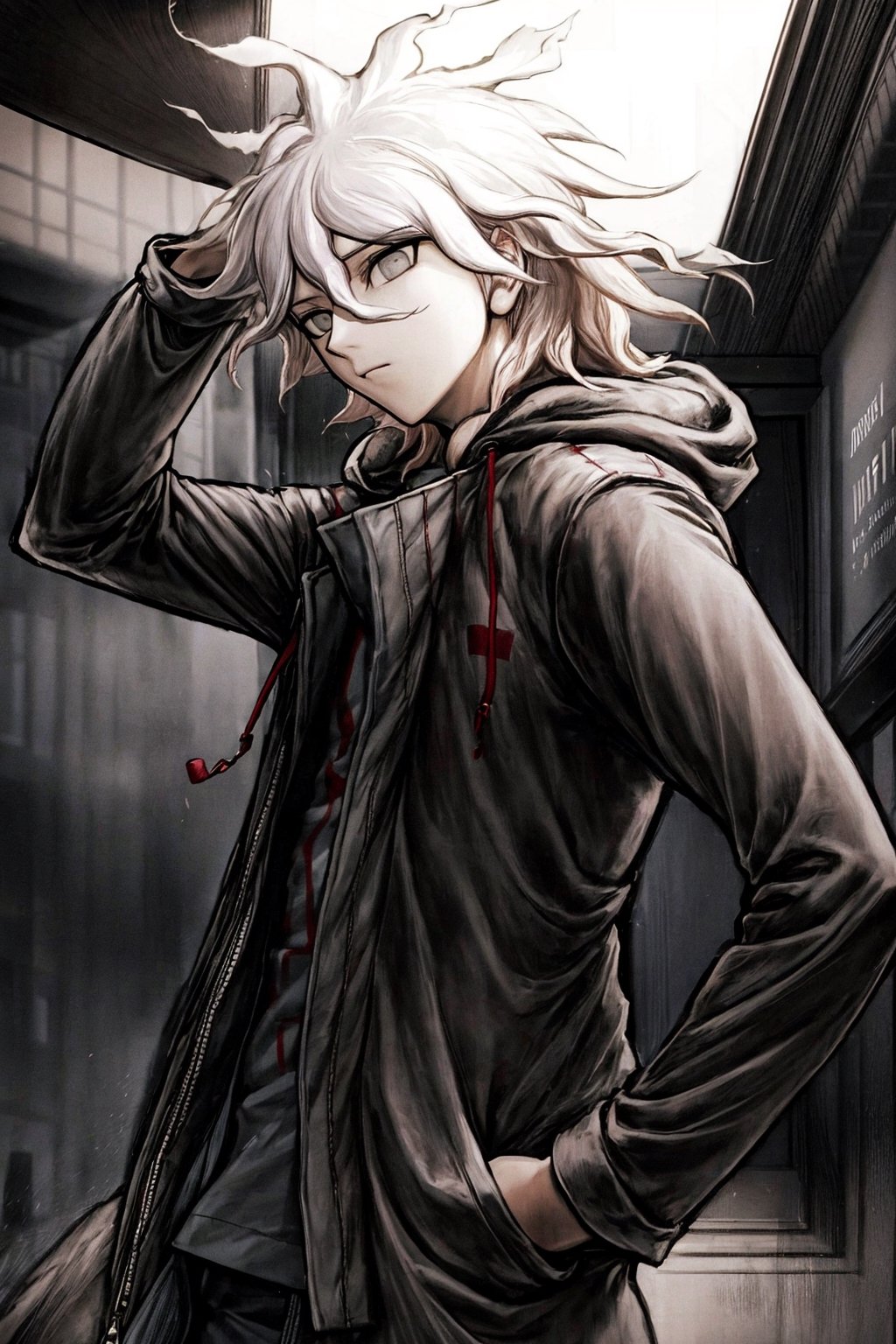 komaeda_nagito,1boy, solo, masterpiece, best quality, Put your left hand on your head, put your right hand in your pocket,bright 