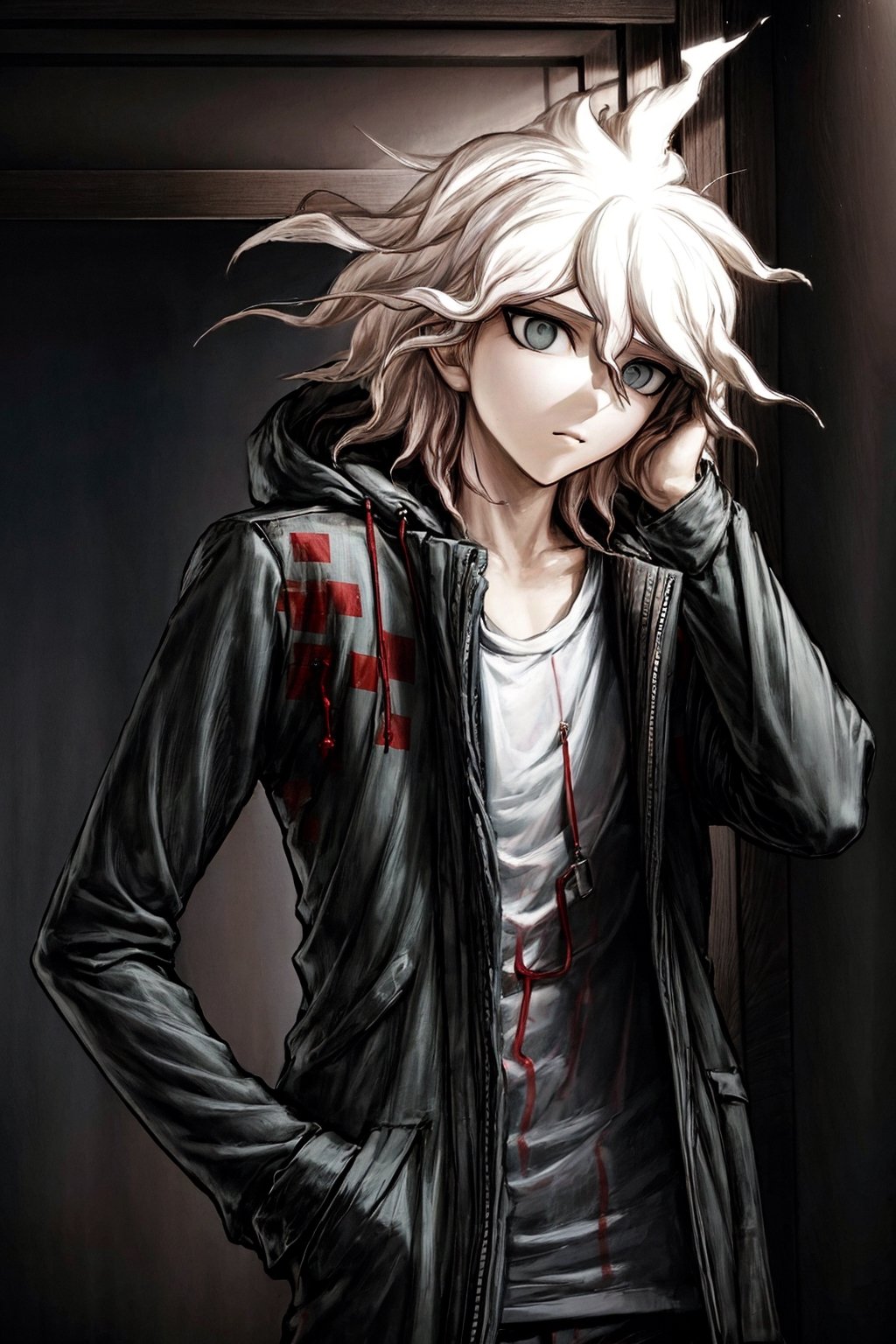 komaeda_nagito,1boy, solo, masterpiece, best quality, Put your left hand on your head, put your right hand in your pocket,bright 