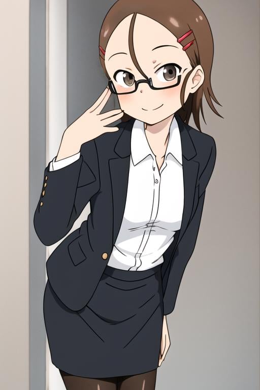 <lora:tenkawa_yukari:0.7>  masterpiece, best quality, 1girl, solo, smile, brown hair, hair ornament, brown eyes, glasses, hairclip, sunlight, anime coloring, looking at viewer, collared shirt, black jacket, black skirt, office lady, pantyhose, simple background, hand on eyewear, 