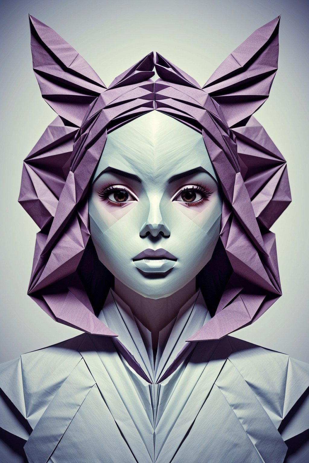 (origami style, paper art, pleated paper, folded, origami art, pleats, cut and fold, centered composition:1.15), glitch art style portrait of <lyco:sd15_GiusyMeloni_loha_64_v1-000009:1> GiusyMeloni, face, eyes, butterfly symbols