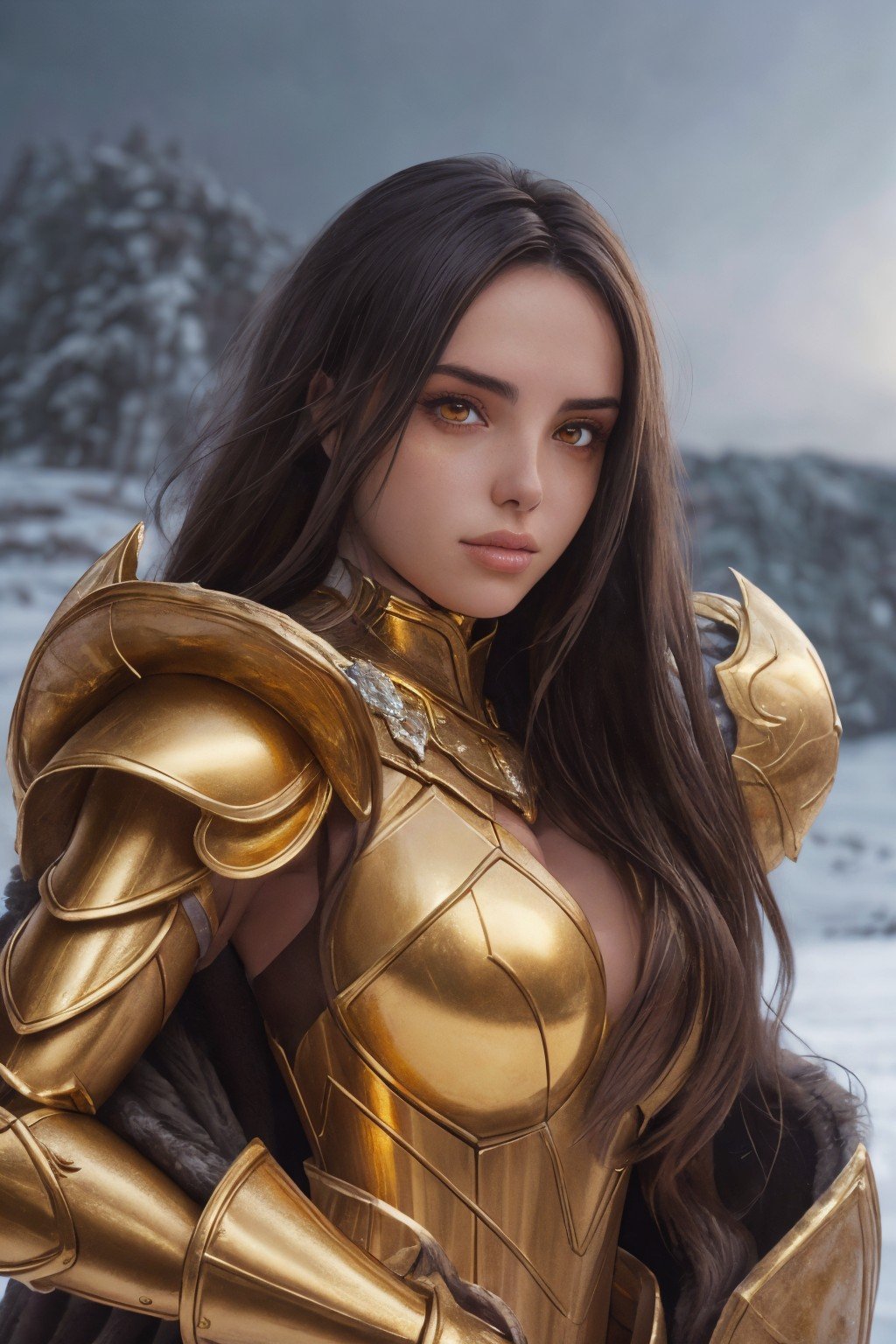 <lyco:sd15_GiusyMeloni_loha_64_v1-000009:1> GiusyMeloni, portrait, solo, half shot, detailed background, detailed face, (renaissance theme:1.1), Gold (web) (Golden) winter warrior, (glowing eyes:1.05), guardian, dynamic pose, heavy armor, surrounded by magical glow, arctic winter, snowy background, crystal landscape in background epic atmosphere,