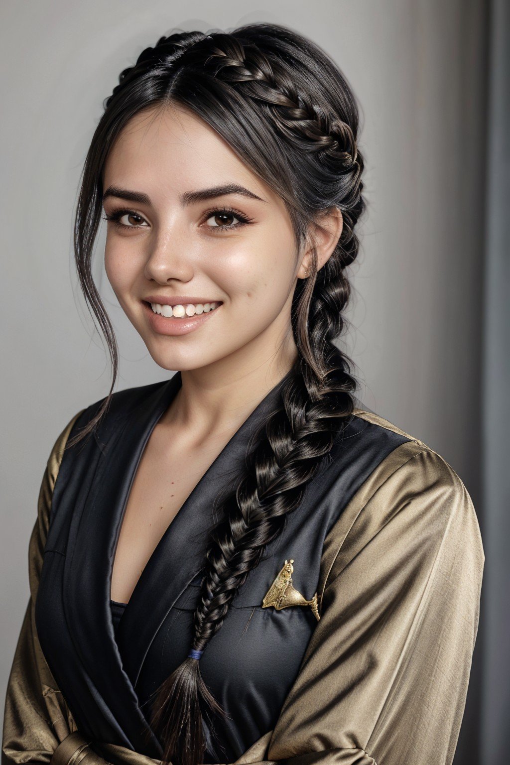 headshot of realistic photo of <lyco:sd15_GiusyMeloni_loha_64_v1-000009:1> GiusyMeloni, focus on smiling face, wearing a mage robe , her hair is styled as fishtail crown braid,