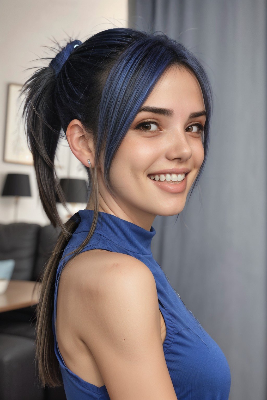 (long shot:1.4), realistic photo of <lyco:sd15_GiusyMeloni_loha_64_v1-000009:1> GiusyMeloni, smiling, majorelle blue color hair styled as side ponytail