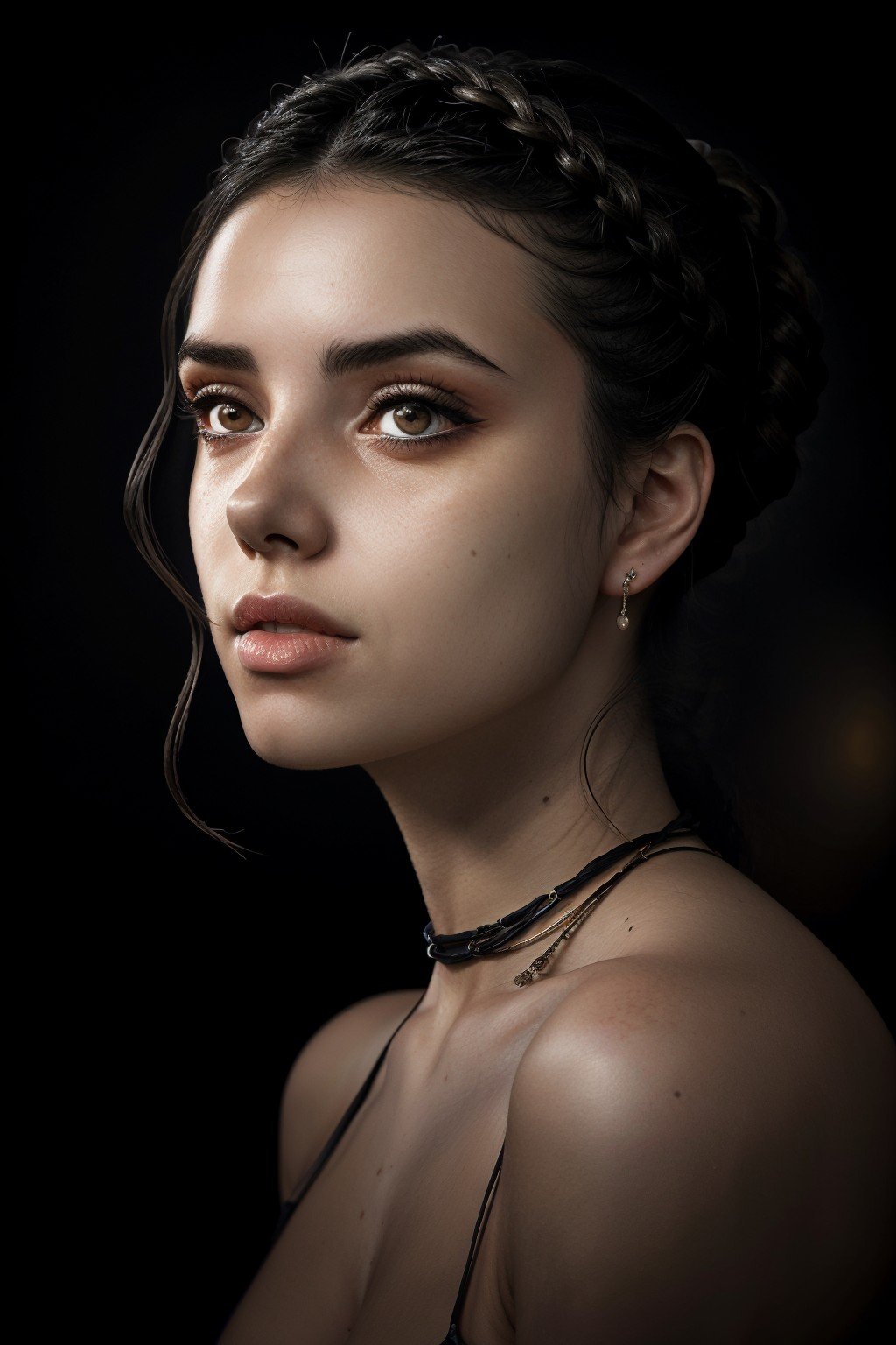 chiaroscuro portrait, high contrast, dramatic, Rembrandt lighting, realistic photo of <lyco:sd15_GiusyMeloni_loha_64_v1-000009:1> GiusyMeloni, focus on eyes, close up on face, wearing jewelry, hair styled as half-up braided bun,