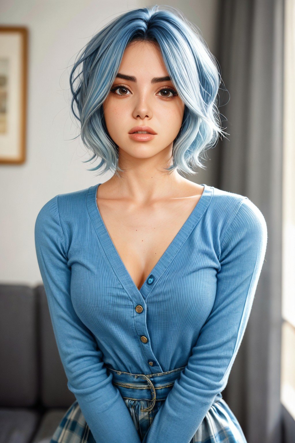 (medium shot:1.4), realistic photo of <lyco:sd15_GiusyMeloni_loha_64_v1-000009:1> GiusyMeloni, Pale Powder Blue hair styled as wavy bob hair