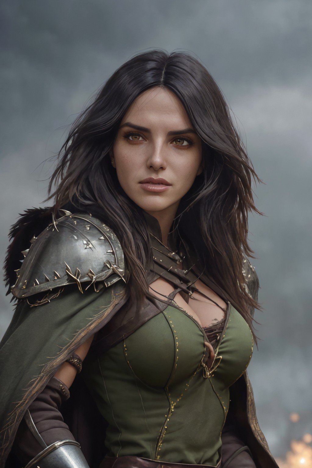 <lyco:sd15_GiusyMeloni_loha_64_v1-000009:1> GiusyMeloni, portrait, solo, upper body, looking at viewer, detailed background, detailed face, (high fantasy medieval theme:1.1), glowing eyes, grimace, witcher, wearing Hunter green studded witcher armor, elaborate, tattered cloak trinkets, witcher gear, fighting stance, witcher senses, clearing in background, dust particles, wind blowing, dark atmosphere,