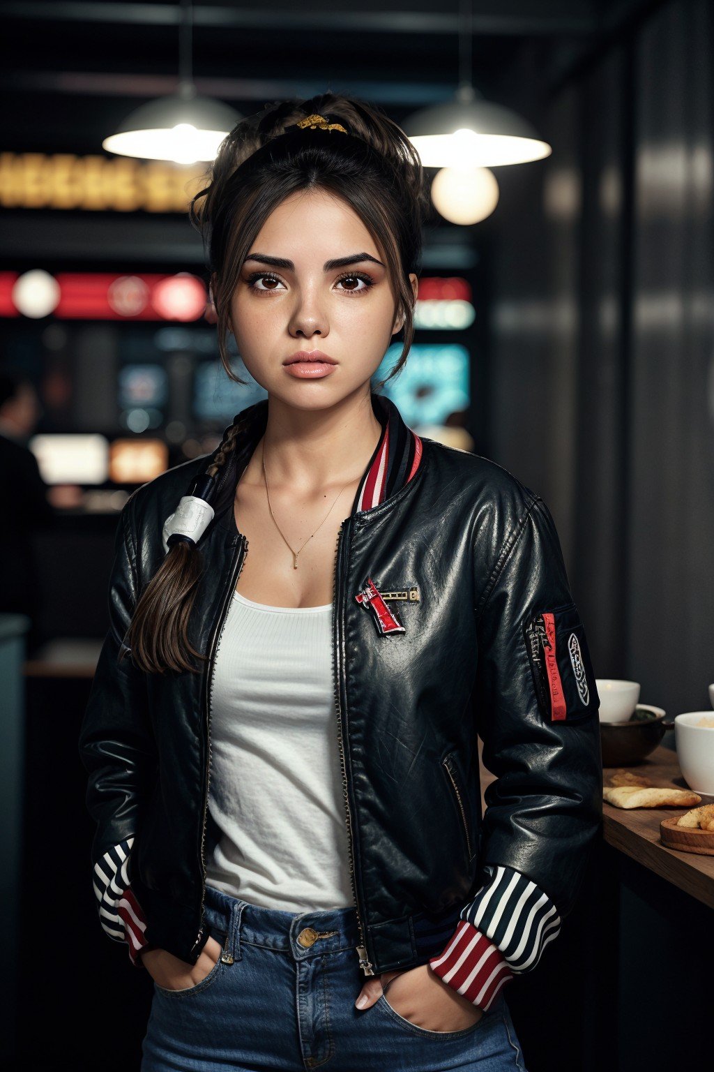 (eye level, headshot:1.2) of realistic photo of <lyco:sd15_GiusyMeloni_loha_64_v1-000009:1> GiusyMeloni, she is wearing letterman jacket , her hair is styled as Curly Chignon, BREAK she is (in the kitchen:1.1), low key lighting, Kodak Vision3 IMAX , in the style of Liam Wong