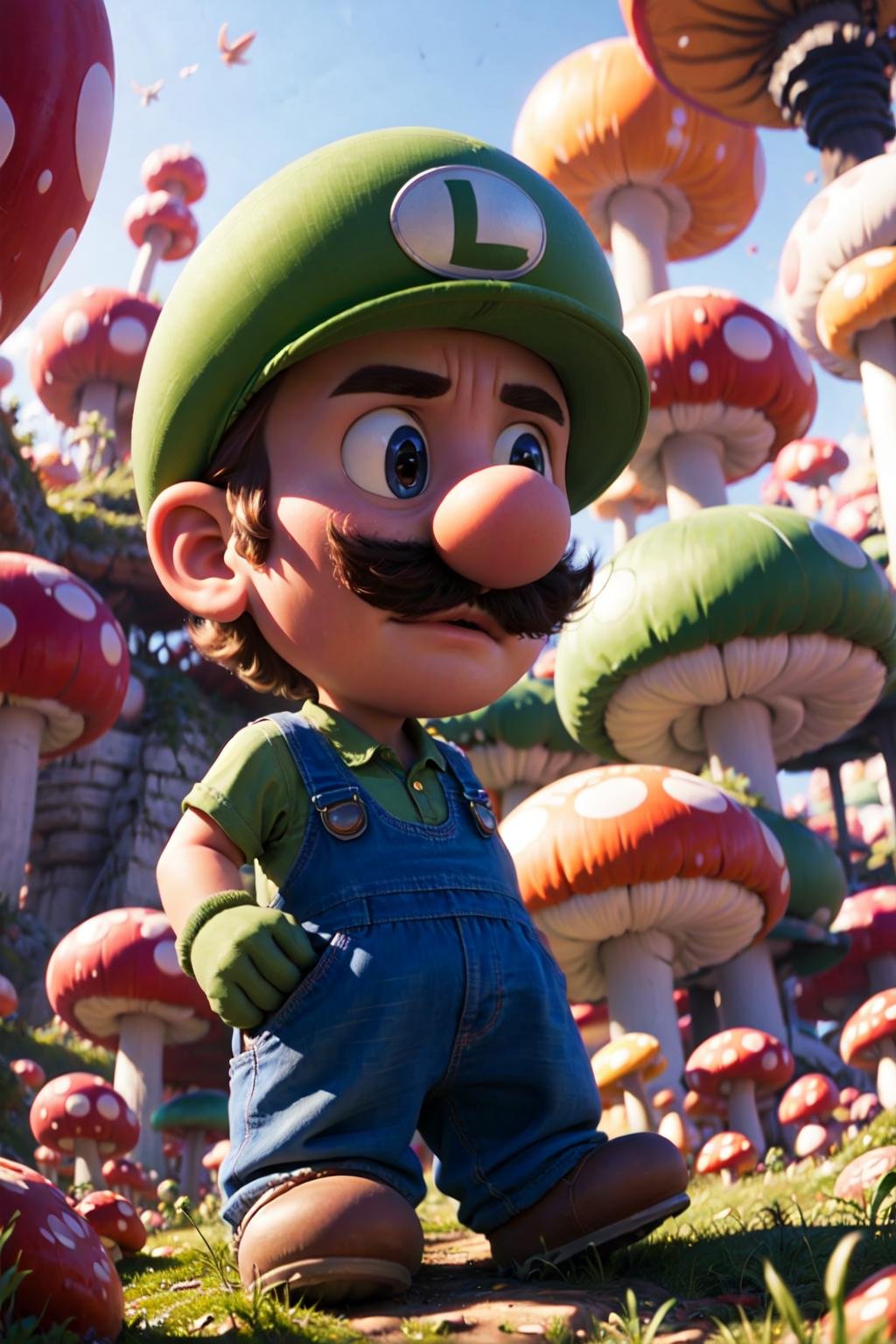 <lyco:SM(120R):1.0> A portrait of Luigi inside a mushroom forest in the style of SM