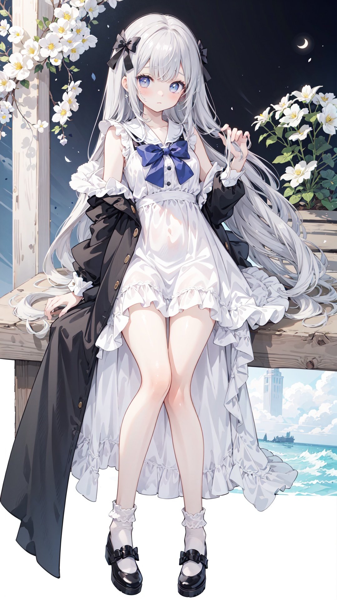  (1girl:0.6), thin, very long hair, black and grey hair, grey eyes, (detailed eyes), small breasts, black coat, white lining, white skirt, socks, closed mouth, (sad), star, Bow head, white flower, (black background), masterpiece, best quality, official art, extremely detailed CG unity 8k wallpaper, cozy anime,midjourney