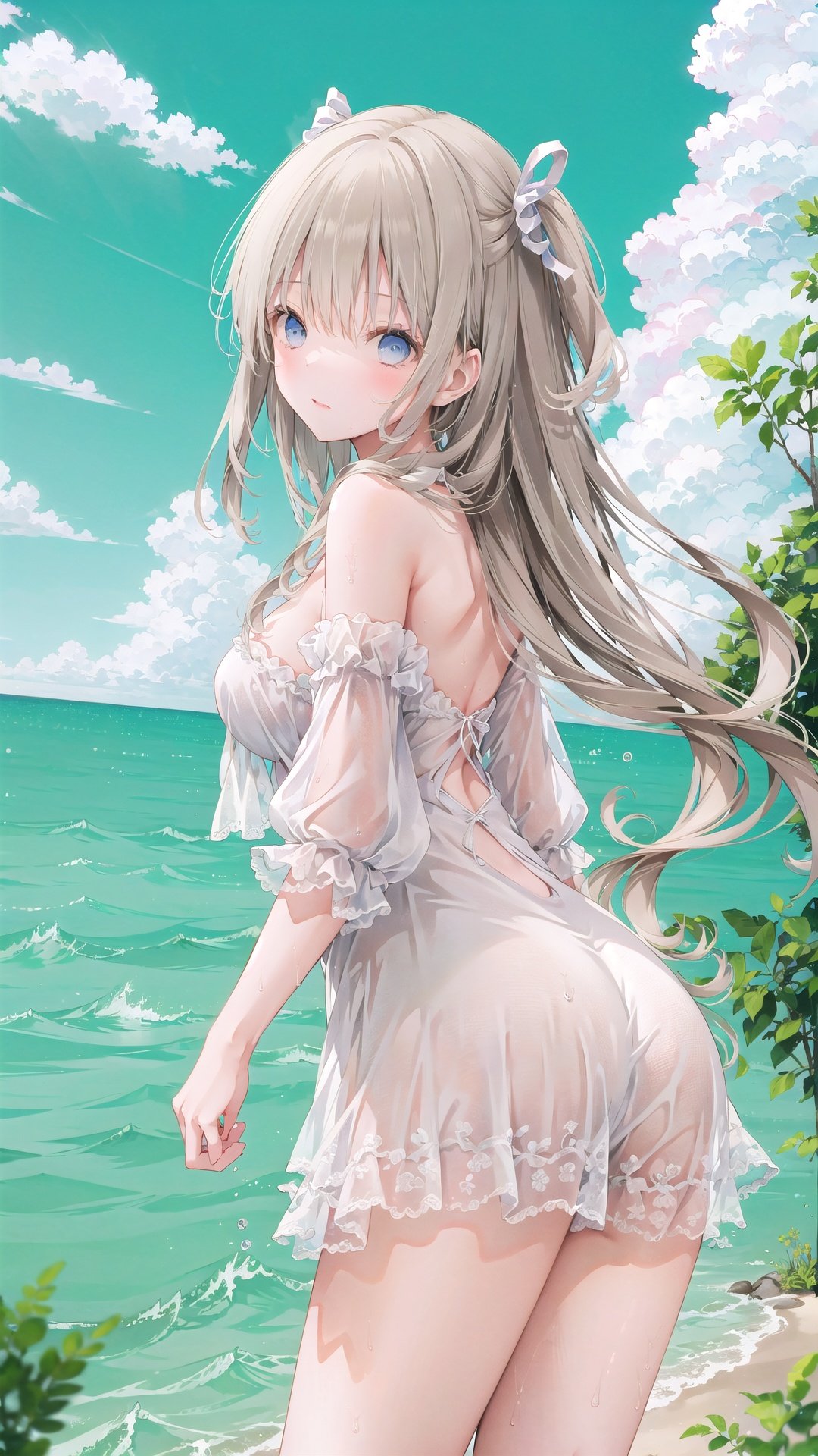  1girl, solo, dress, blue eyes, long hair, white dress, looking at viewer, brown hair, wet, outdoors, sky, breasts, blush, wet clothes, ocean, bare shoulders, bangs, ass, detached sleeves, hair between eyes, see-through, water