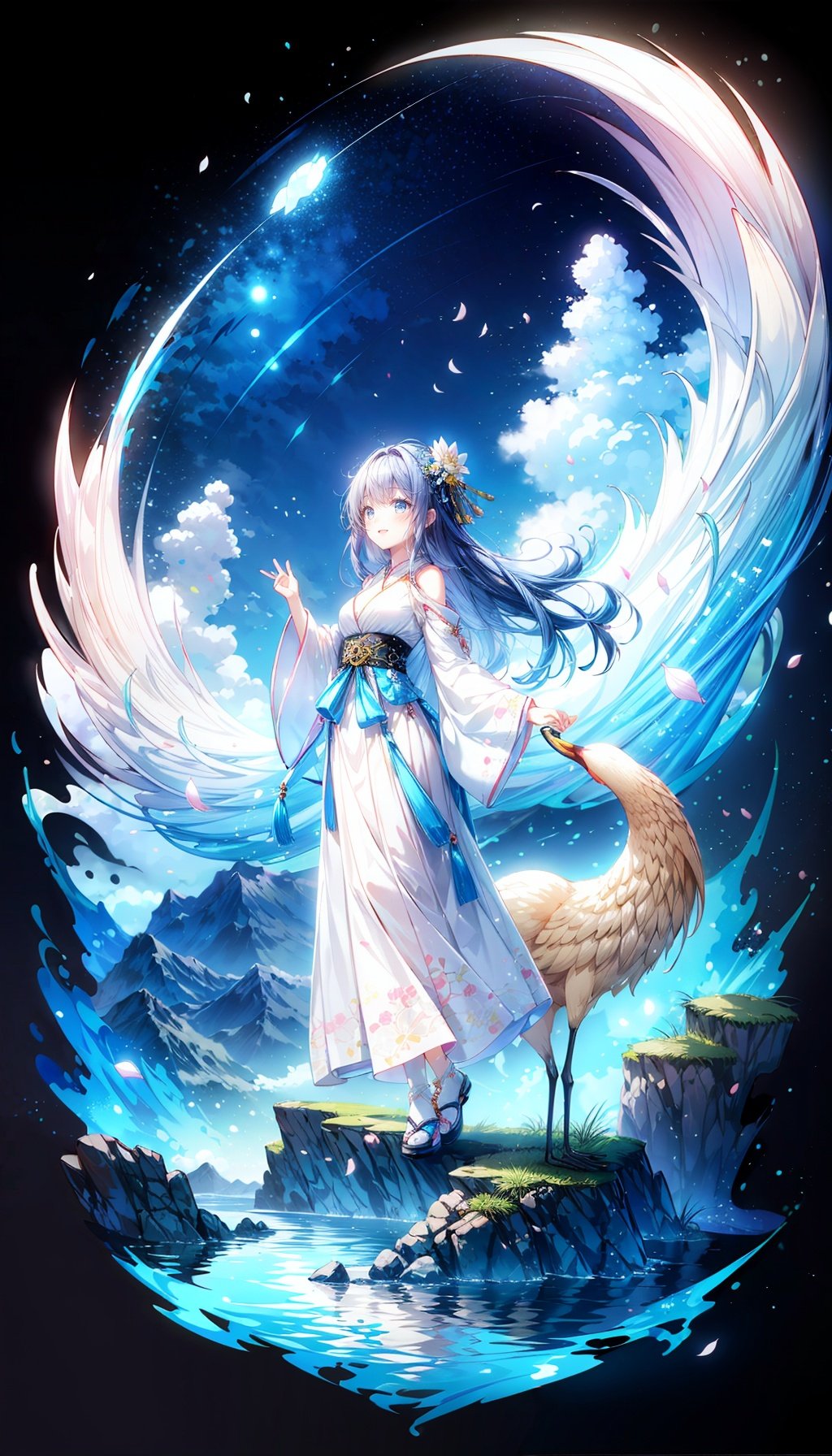 1girl, blue hair, blue eyes, blush, long hair, smile,happy,(from side), (looking up:1.2), floating sakura petals, ((white embroidered hanfu)),((( blue embroidered long skirt))),chinese clothes,tassel, night, star sky, beautiful scenery, Lean against,full moon,(panorama, wide shot, distant view),(full body),( ink painting, ink splashes, ink wash),cloudy,cirrocumulus,mountains,lake,Chinese style architecture,(Yellow Crane Tower),(lotus),petals,