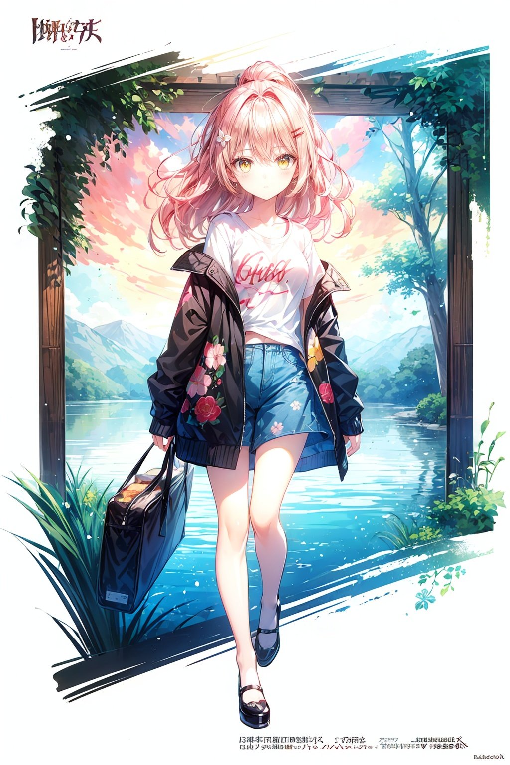 [(white background:1.4)::10], [clear background], [(Lake and forest background:1.2):5]+++(databook:1.4), (concept art:1.2),(double v:1.2),+++++masterpiece,loli,(petite:1.2),high ponytail,medium breast,(panorama:1.2),caustics,best quality,beautiful detailed eyes,((pink hair)),wavy hair,disheveled hair, messy hair, long bangs,extremely detailed, floating hair,solo, best quality, masterpiece, highres, original, extremely detailed wallpaper,{an extremely delicate and beautiful}++++loose clothes,(white t-shirt:1.4),(black open jacket:1.2),++hairclip+/*/*/*++(floral print:1.2)+/*/*/*+++, ((yellow eyes)), (full body, standing),solo, sea