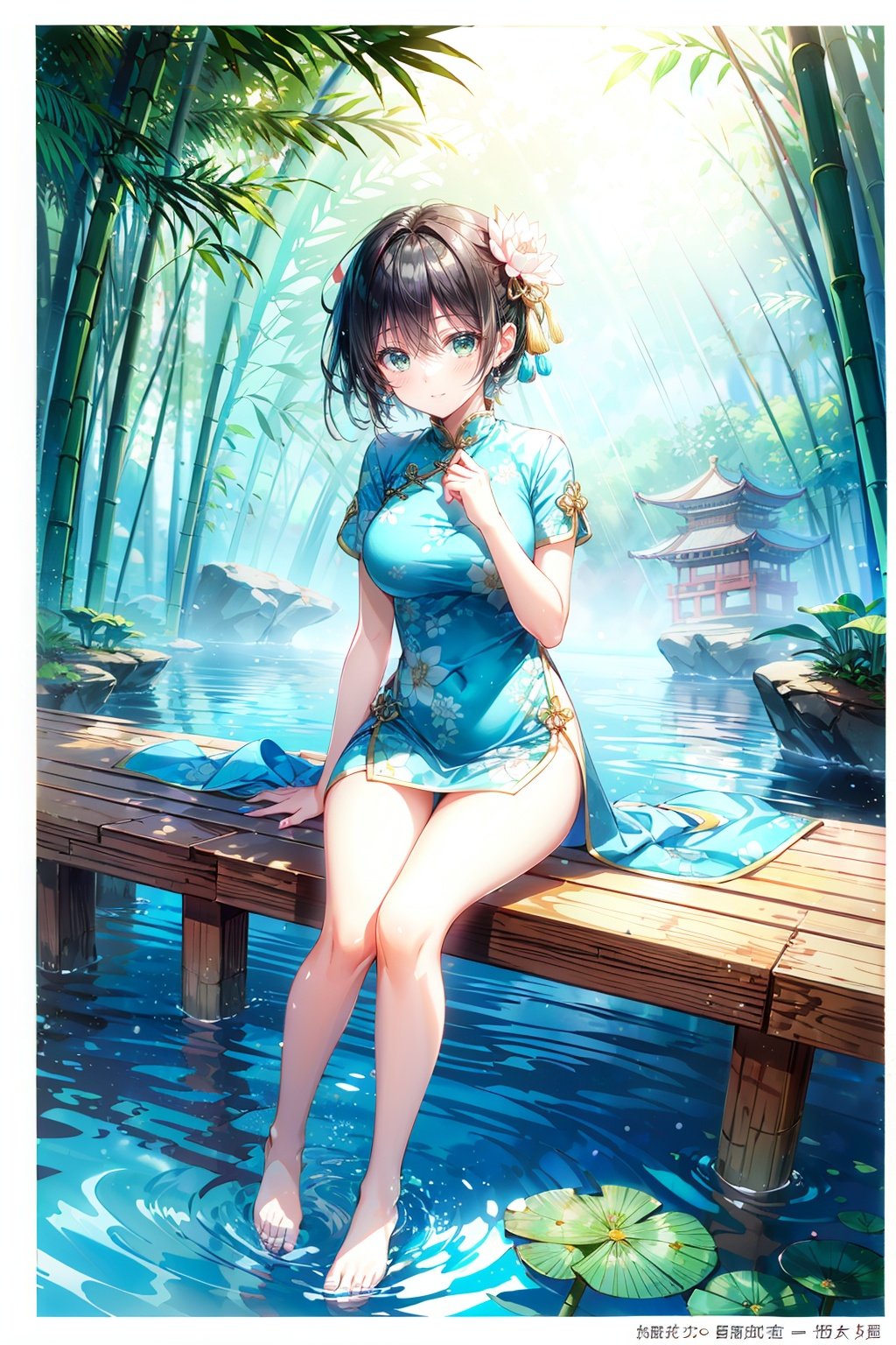 (sunlight, beautiful sky, floating hair, Fisheye lens lens, dynamic angle, distant view, panorama ,overlook,barefoot), ((Ancient_Chinese_architecture)), (short sleeves),with a combination of Morgan colors, Qiu Ying's painting style, And high end color matching, ((A beautiful girl sitting on a bamboo raft in the water, swimming downstream, Huge lotus, rain, (full body), aqua_china_dress)), (bright light,fantasy), ((spotted light)),1 girl, ((black hair, shy, blush))