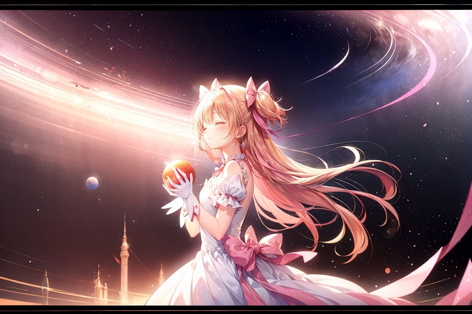 1girl, (ultimate madoka, solo, pink hair), long hair, gloves, dress, two side up, (wide shot, panorama, distant view), blonde practicle, closed eyes, holy light, (from side), [English text], (in the universe, planets)