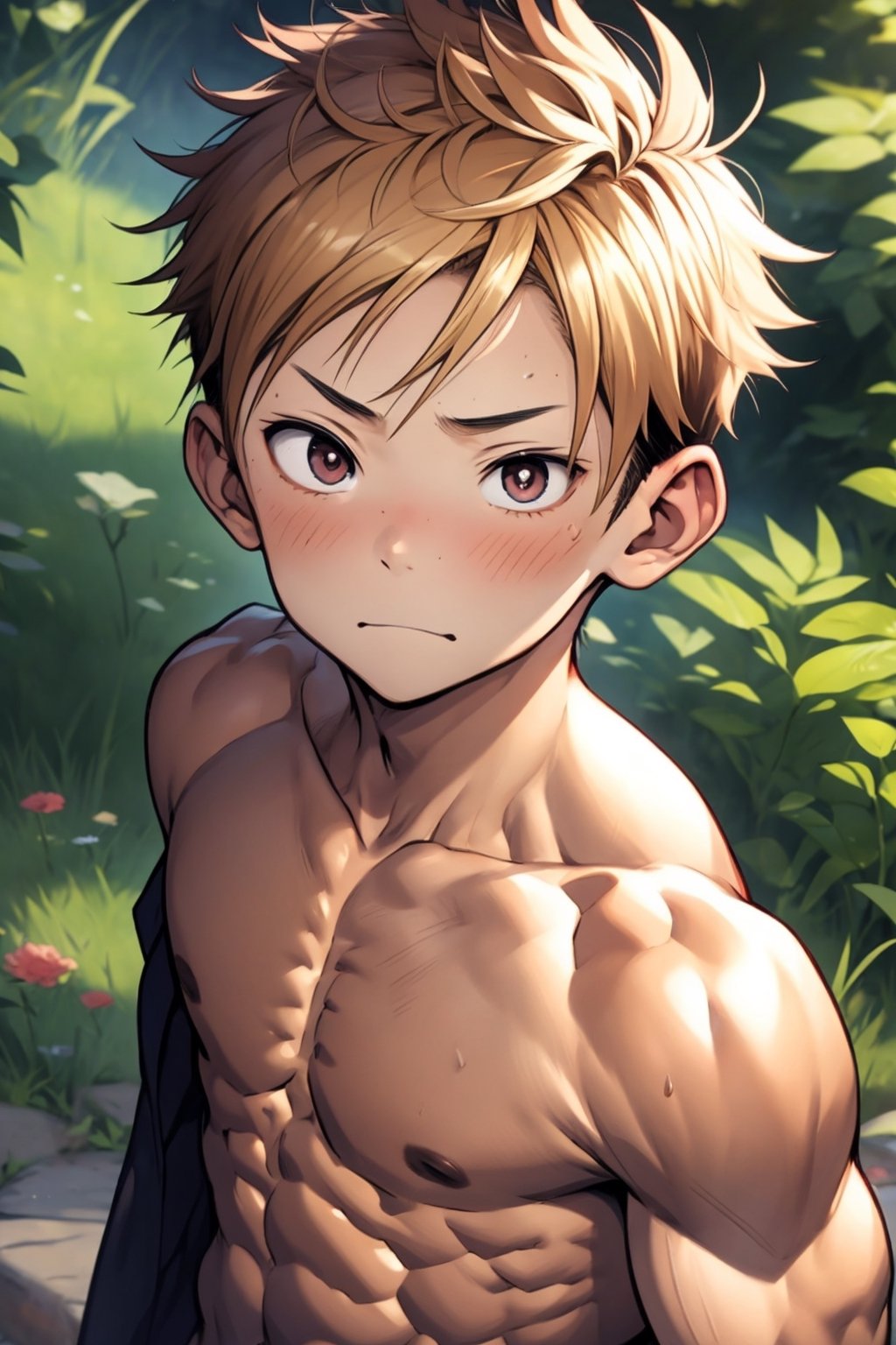 (masutepiece, Best Quality), Illustration, younge boy,teenager face, delicate big eyes, smooth skin,short round face, Flat chin, finely detaild face, well-muscled, short hair, Abs pectoral muscles,