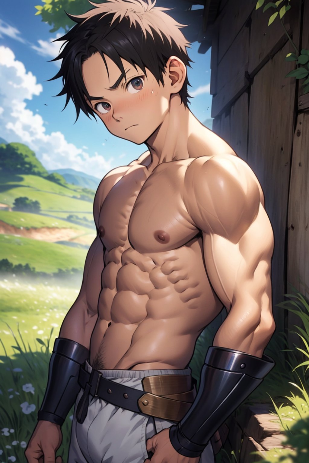 (masutepiece, Best Quality), Illustration,knight in armor, younge boy, teenager face, Body tilt, big eyes, smooth delicate skin, Short square face, young age, short round face, Flat chin, finely detaild face, well-muscled, short hair, Abs pectoral muscles, (depth of fields:1.2), (Abs), in the hut, 