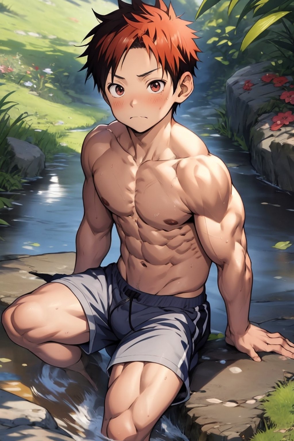 (masutepiece, Best Quality), Illustration, younge boy,full body,teenager face, delicate big eyes, smooth skin,short round face, Flat chin, finely detaild face, well-muscled, short hair, Abs pectoral muscles,