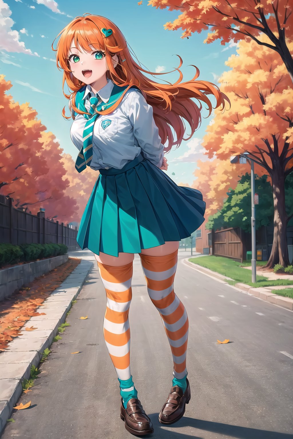 (Masterpiece,  Best Quality:1.3),  highres,  8k,  highly detailed,  2d,  top quality,  digital illustration,  , sugar_rune,  cowboy shot,  looking at viewer,  focus face,  full body,  1girl,  solo,  perfect face,  detailed eyes,  ;d,  orange hair,  long hair,  flipped hair,  green eyes,  (striped thighhighs:1.2),  (School uniform,  necktie,  skirt,  loose socks,  loafers),  (bangs pinned back:1.4),  heart hair ornament),  standing,  (deep depth of field),  arms behind back,  leaning forward,  (windy,  wind lift),  dynamic,  halloween,  sky,  school,  shadow,  autumn,  falling leaves,  marker \(medium\),  bloom:0.3,  ((teal and orange theme)),  (bokeh)