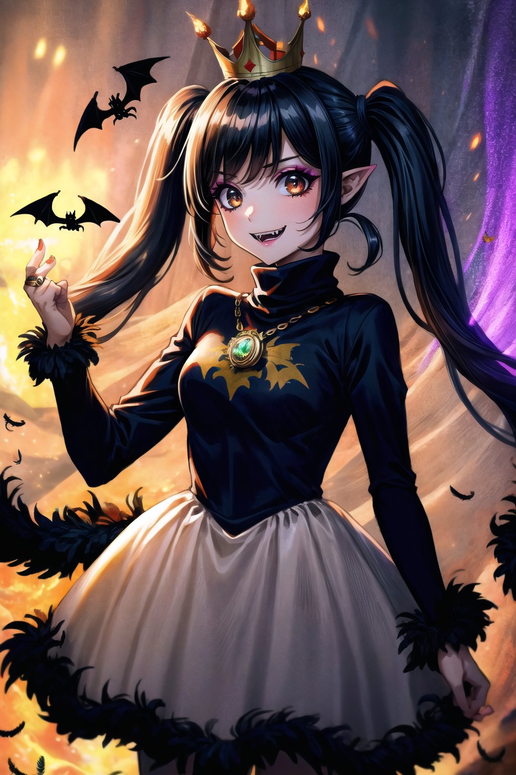 (masterpiece,  best quality:1.3),  top quality,  8k resolution wallpaper,  insaneres,  art by  ink (medium),  (ultra-detailed portrait),  dynamic scene,  (visual key),  dynamic pose,  beckoning,  shadow,  pitch black,  black hair,  cinematic lighting,  very long hair,  (low twintails:1.6),  (ringlets,  sidelocks,  bangs:1.4),  (feather boa:1.5),  gorgeous,  stylish,  (small details),  (mature female:1.3),  ink (medium),  graphite (medium),  dslr,  fringe trim,  glowing,  coat,  shirt,  (detailed face,  detailed eyes),  (female focus:1.2),  halloween,  silhouette,  UHDR,  8k,  (extremely detailed background),  fantasy,  surreal,  standing,  black hair,  indoors,  dark room,  digital illustraion,  halloween dectorations,  closed mouth,  (turtleneck dress:1.3),  lipstick,  curvy,  black eyes,  eye shine,  evil smile,  shaded face,  villain pose,  looking at viewer,  glowing eyes,  (flying,  floating:1.3),  wind lift,  motion lines,  ,  film grain,  (dynamic,  line of action:1.1),  bat (animal),  gradient dress,  (gothic dress),  crown,  hair ornament,  stockings,  (victorian dress),  (see-through),  shimmer,  glitter,  striped print,  bat print, vampire,  cowboy shot,  trick or treat,  (smokey makeup),  town,  lively,  insaneres,  atmosphere,  (shiny:1.1),  (gown),  jeweled crown,  (motion blur:1.2),  (cinematic lighting:1.1),  (extremely detailed background),  pointy ears,  (intricate details:1.2),  mist,  fangs,  perfect composition, fodress, coralinefilm, sugar_rune, ff8bg, <lora:EMS-179-EMS:0.500000>, , <lora:EMS-50984-EMS:0.500000>, , <lora:EMS-27725-EMS:0.500000>, , <lora:EMS-34485-EMS:0.500000>