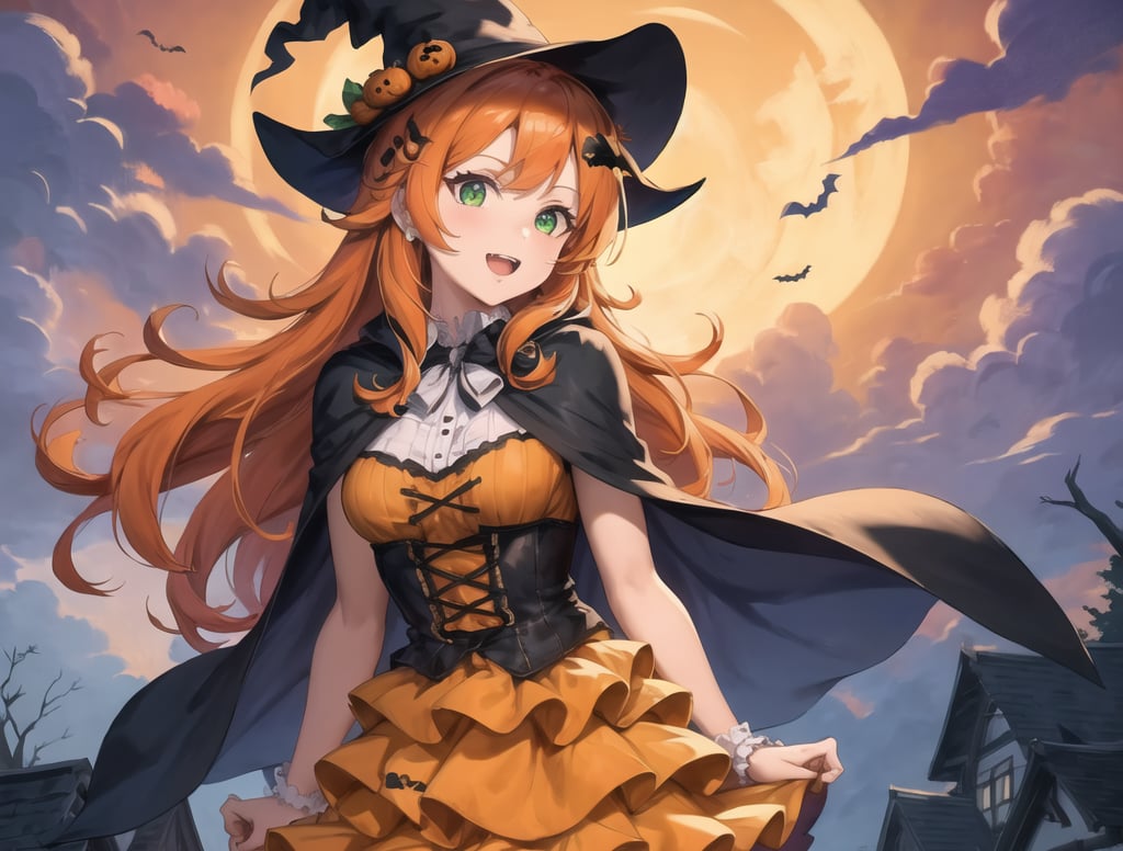 (Masterpiece,  Best Quality:1.3),  highres,  8k,  highly detailed,  2d,  top quality,  digital illustration,  , sugar_rune,  cowboy shot,  looking at viewer,  focus face,  full body,  1girl,  solo,  perfect face,  detailed eyes,  ;d,  orange hair,  long hair,  flipped hair,  green eyes,  (striped thighhighs:1.2),  (halloween costume),  ripped cape,  trick or treat,  layered skirt,  loose socks,  pilgrim shoes,  (bangs pinned back:1.4),  heart hair ornament),  standing,  (deep depth of field:1.1),  arms behind back,  leaning forward,  (windy,  wind lift),  dynamic,  halloween,  sky,  school,  shadow,  autumn,  falling leaves,  marker \(medium\),  bloom:0.3,  (black and orange theme),  (bokeh),  spooky,  ghost,  ghost tail,  hollow eyes,  floating,  haunted house im background,  (extremely detailed background),  atmospheric perspective,  fog