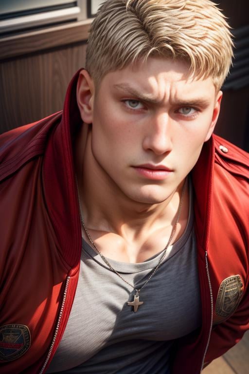 reiner braun, modern setting, high school, looking at you, arrogant, high school, bully, high school bully, varsity jacket, red jacket, thick silver necklace, pectorals,  big biceps, beautiful, hunk, yellow eye color, perfect eyes, well defined eyes, beautiful face,  seen from above  <lora:more_details:1> <lyco:husbandoLocon_v33:0.3>  <lora:reiner:0.9>