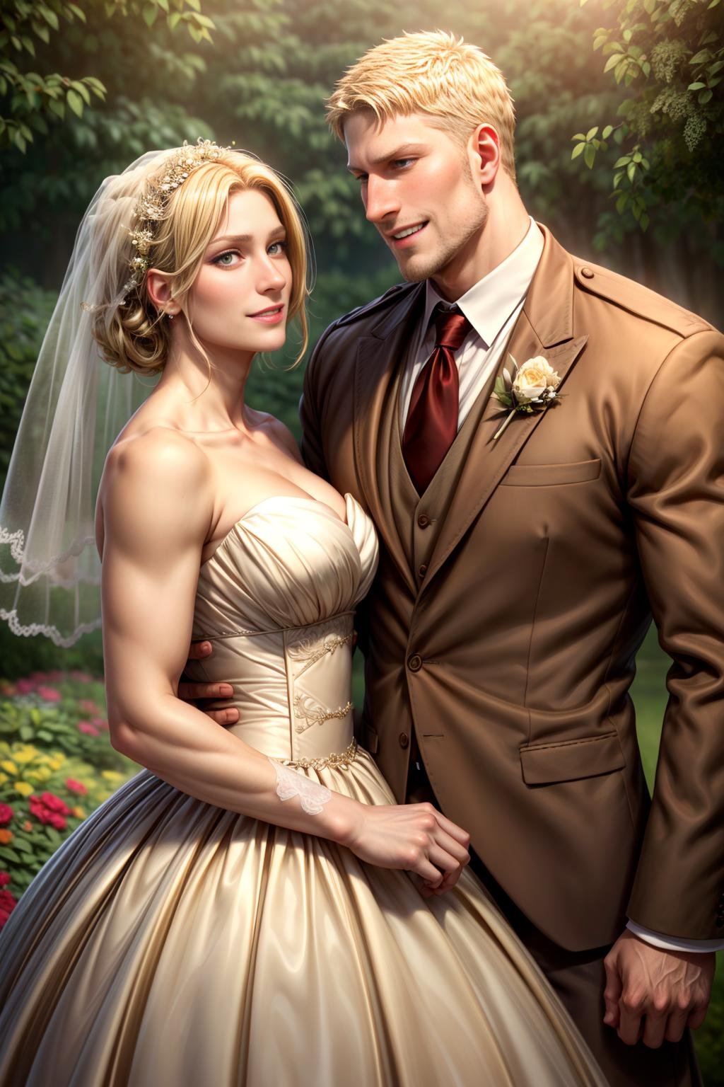 reiner braun, elegant dress, husband, tie, pectorals, beard, closed mouth, smile, garden, wedding ceremony, beautiful, hunk, hazelnut eyes, perfect eyes, well defined eyes, beautiful face, blonde bride <lora:more_details:1> <lyco:husbandoLocon_v33:0.3>  <lora:reiner:0.9>