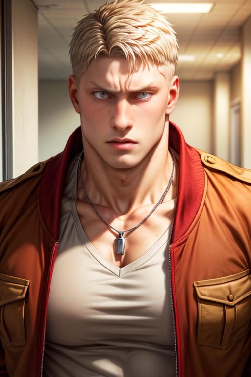 reiner braun, modern setting, high school corridor, looking at you, high school, bully, high school bully, red varsity jacket, thick silver necklace, pectorals,  big biceps, beautiful, hunk, yellow eye color, perfect eyes, well defined eyes, beautiful face  <lora:more_details:1> <lyco:husbandoLocon_v33:0.3>  <lora:reiner:0.9>