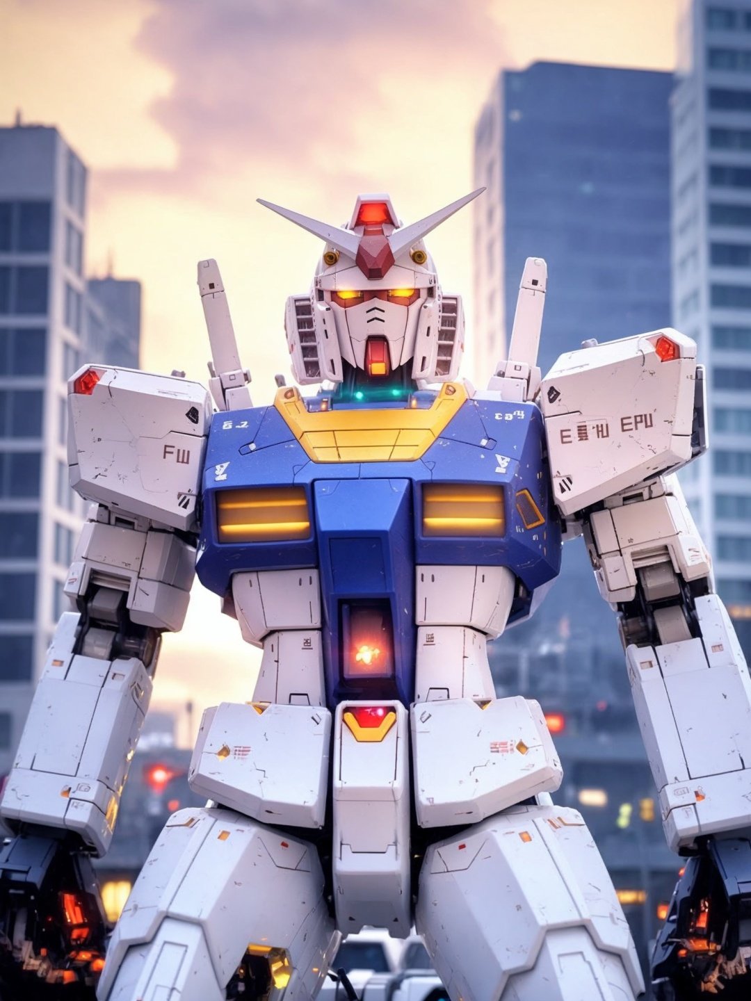 gundam,  robot,  mecha,  no humans,  science fiction,  solo,  glowing,  glowing eyes,  upper body,  yellow eyes,  sky,  city,  v-fin,  building,  mobile suit, highest quality, mecha, <lora:EMS-52888-EMS:0.800000>