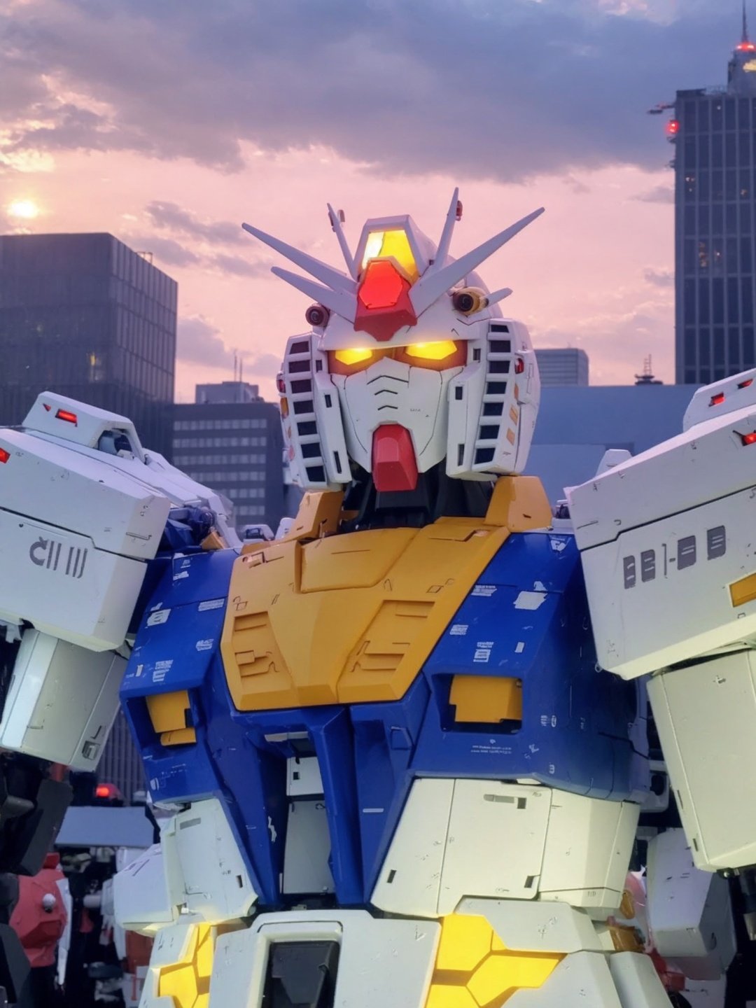 gundam,  robot,  mecha,  no humans,  science fiction,  solo,  glowing,  glowing eyes,  upper body,  yellow eyes,  sky,  city,  v-fin,  building,  mobile suit, highest quality, mecha, <lora:EMS-52888-EMS:0.800000>