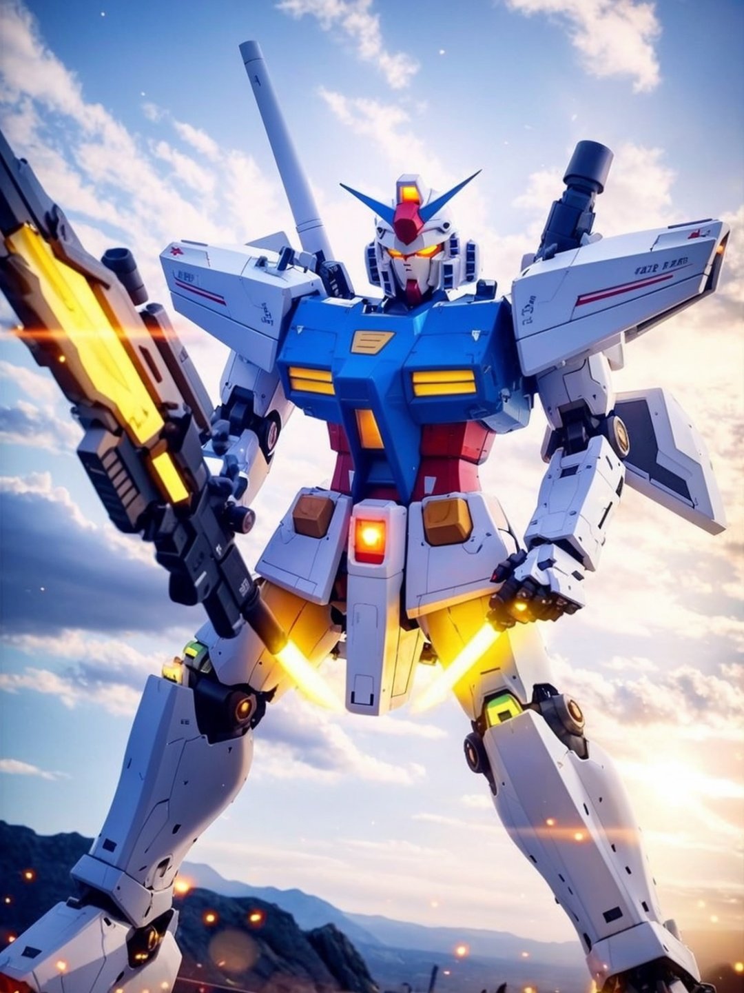 gundam,  weapon,  mecha,  no humans,  robot,  sword,  cloud,  sky,  rx-78-2,  holding,  gun,  holding weapon,  glowing eyes,  glowing,  v-fin,  shield,  yellow eyes,  holding sword,  mobile suit,  day,  science fiction,  holding gun,  outdoors,  beam rifle, <lora:EMS-52888-EMS:0.700000>