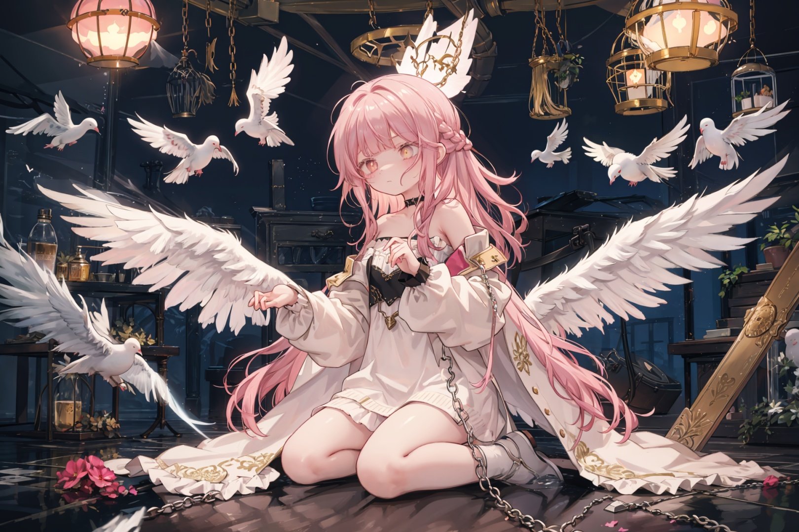 //,masterpiece,(best quality),(illustration),(colorful),//,full body,solo,1girl,1 girl inside cage,(shine golden eyes),(lightpink french braid,medium hair,blunt_bangs),expressionless,(long_sleeves,puffy sleeves),off shoulder,(white wings),shine halo,praying,kneeling,<lora:colored_eyelashes000:1>,colored eyelashes,white eyelashes,(dark prison),(inside cage,in cage:1.3),(heavy metal:1.1),(metal jewelry),choker,(chain),(white doves:1.2),dry ice fog,god rays,cinematic lighting,