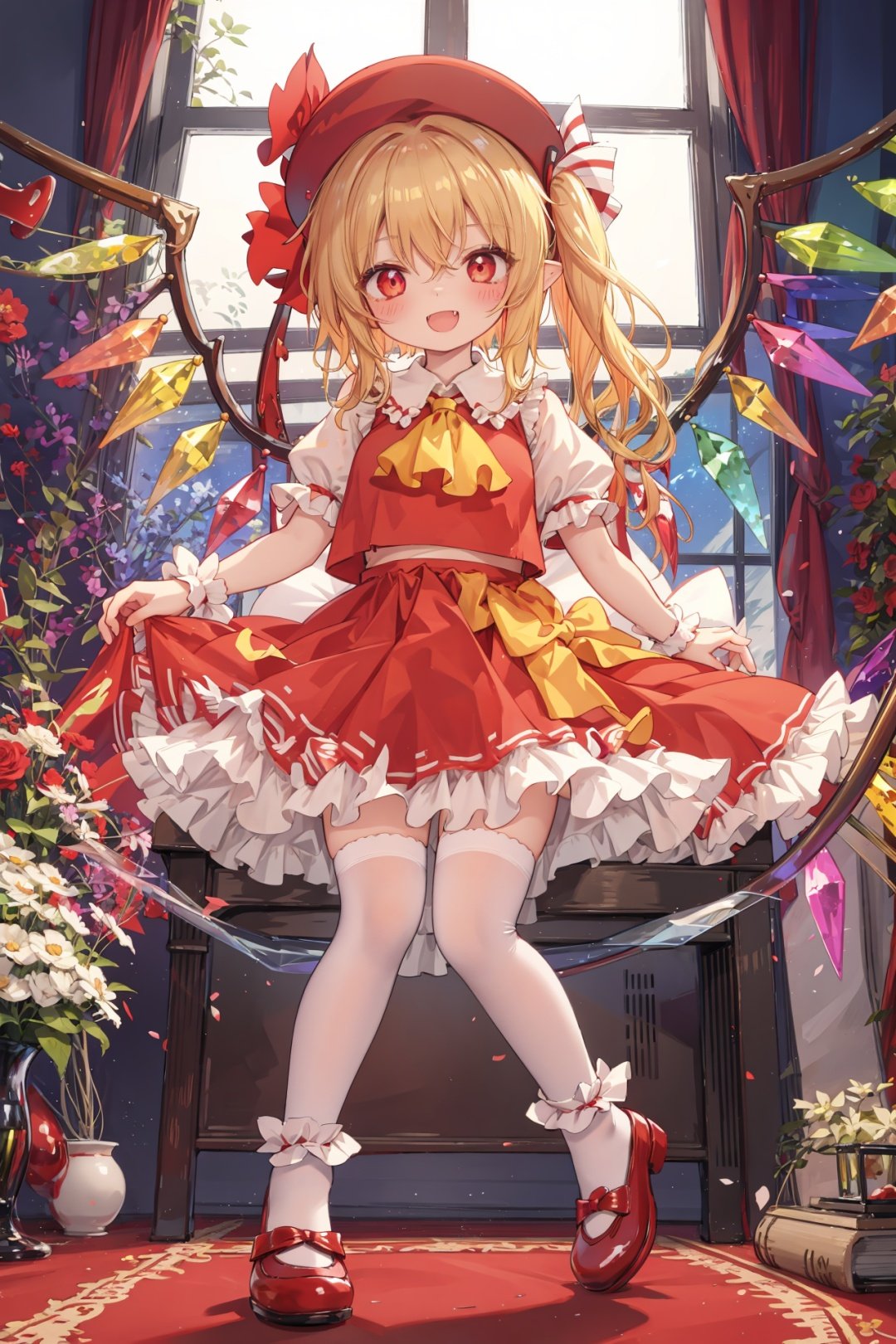 (from below:1.1),(flandre scarlet:1.1),1girl, teddy bear, solo, stuffed toy, hat, flandre scarlet, stuffed animal, blonde hair, red eyes, wings, window, mob cap, smile, table, flower, standing, curtains, open mouth, bow, red footwear, indoors, looking at viewer, bangs, one side up, white headwear, bloomers, blood, short sleeves, crystal, frills, hair between eyes, holding, fang, full body, red ribbon, dress, ribbon, white socks, puffy sleeves, hat ribbon, socks, shoes, rose, blush, red vest, vase, puffy short sleeves, underwear, back bow, holding stuffed toy, floor, white bloomers, carpet, short hair, petticoat, wrist cuffs, yellow ascot, red dress, bowtie, skirt, :d, bouquet, vest, pointy ears, 