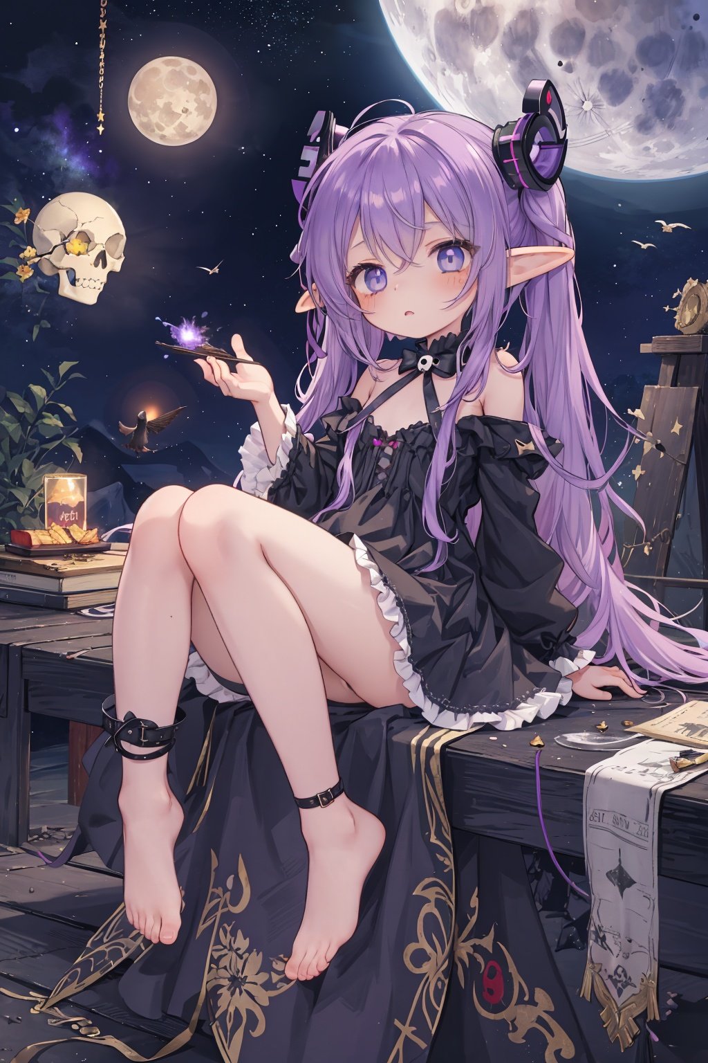 //,masterpiece,(best quality),(illustration),(colorful),//,little girl,1girl,loli,petite,black dress,lolita,Bare foot,blue eyes,dark purple hair,long hair,Dead skin,Shiny skin,small breast,ringlet twin tail,(Skull headwear,Demon tail,Demon horn,elf,hair ribbon),despair,The crows were feeding on the rotting carcass,table,hell,Beelzebub,dark,night,(moon:1.02),star,meteor,milky way,