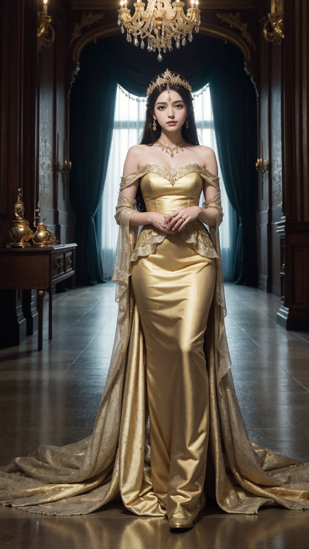 full body, Enchanting Fairy Tale Princess, Royal Castle Setting, Soft Golden Lighting, Regal Gown, (high resolution:1.2), (royal details:1.15), (fairy tale princess:1.1), (majestic ambiance:1.2), (golden glow:1.1), (intricate details:1.14), (elegance:1.1), standing<lora:TQSizeSlider:0>, (masterpiece,best quality:1.5)