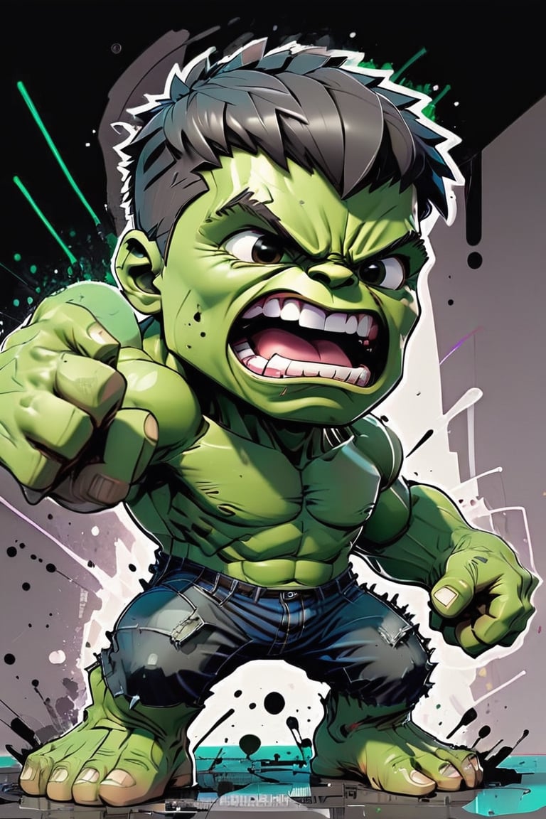 inkpunk style illustration chibi hulk, action pose, chaotic background,Inkpunk style