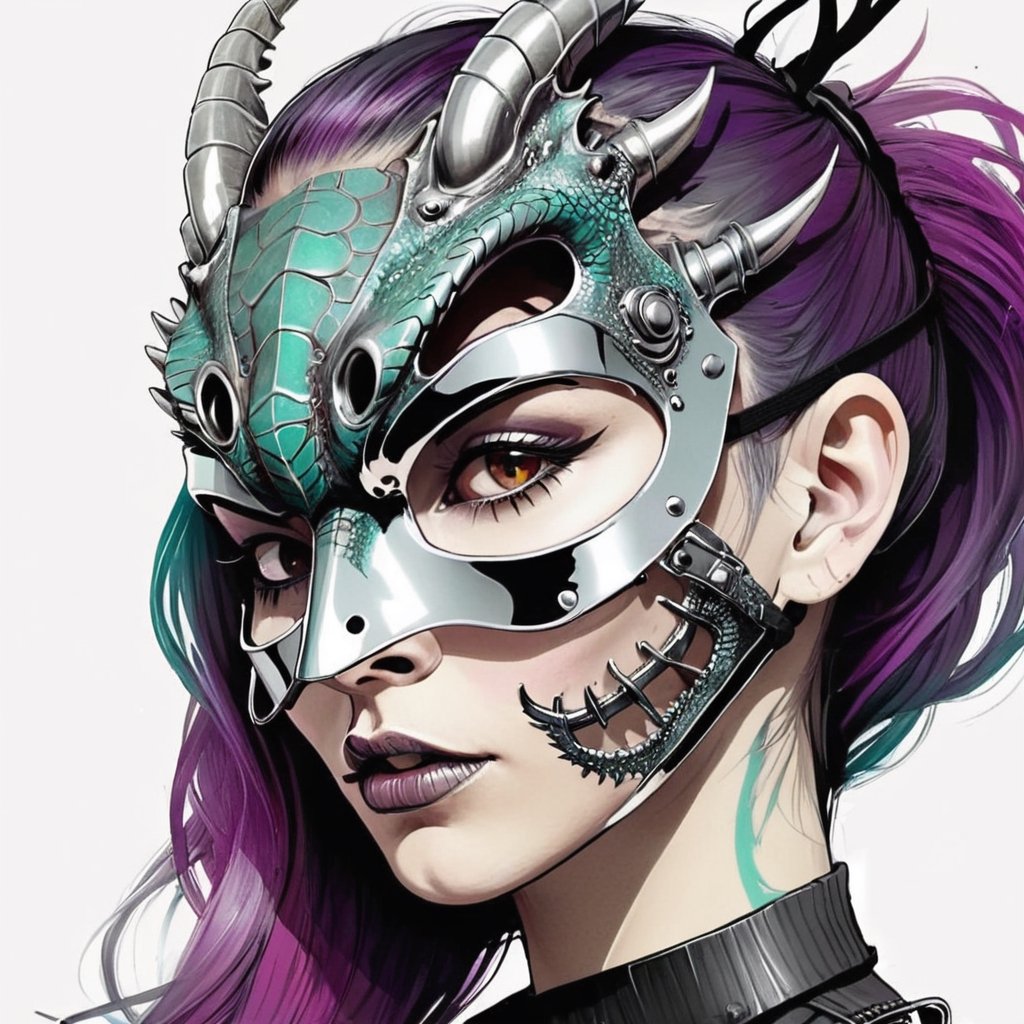 Inkpunk creepy style illustration terrific, woman with a dragon chrome plated mask