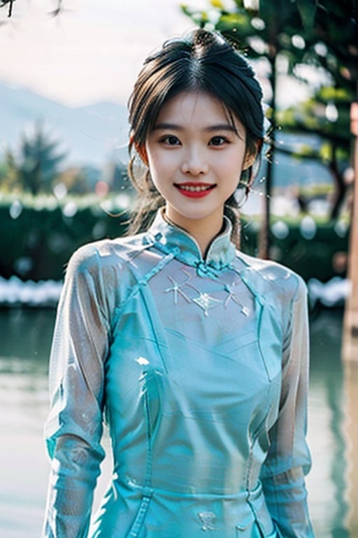 (Masterpiece, Best quality:1.2), 8K, 85mm, RAW photo, absurderes, White and cyan theme, (liquid clothes, Liquid dress:1.4), White hair, gradient aodai, Delicate girl, Upper body, close-up face, Shiny skin, Married Woman, view the viewer, hdr, Sharp focus, Particle, twilight sky, Detailed eyes and face, White hair, Simple background, nakeness, plumw, extremely large bosom, Bare lower body, Bare breasts, Transparent clothes, smile, elsa the snow queen from frozen, ((realistic)), snow Mountain background, mxmai, 20 year old, smile, mxmai,,aodai