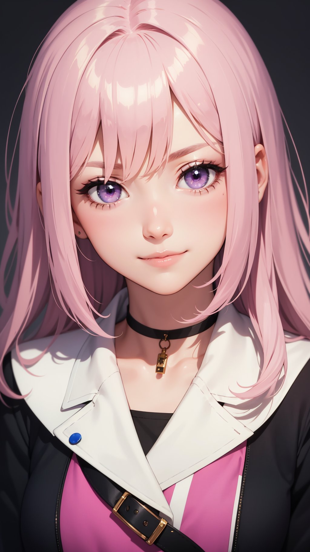 (masterpiece, best quality), beautiful girl, Light pink hair, white skin, light purple eyes, sharp jawline, cropped jacket, messy hair, upper body, close up, smirk