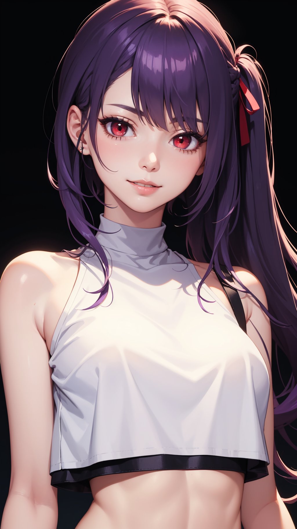 (masterpiece, best quality), beautiful girl, Purple hair tied up, white skin, dark red eyes, sharp jawline, crop top, messy hair, upper body, close up, smirk