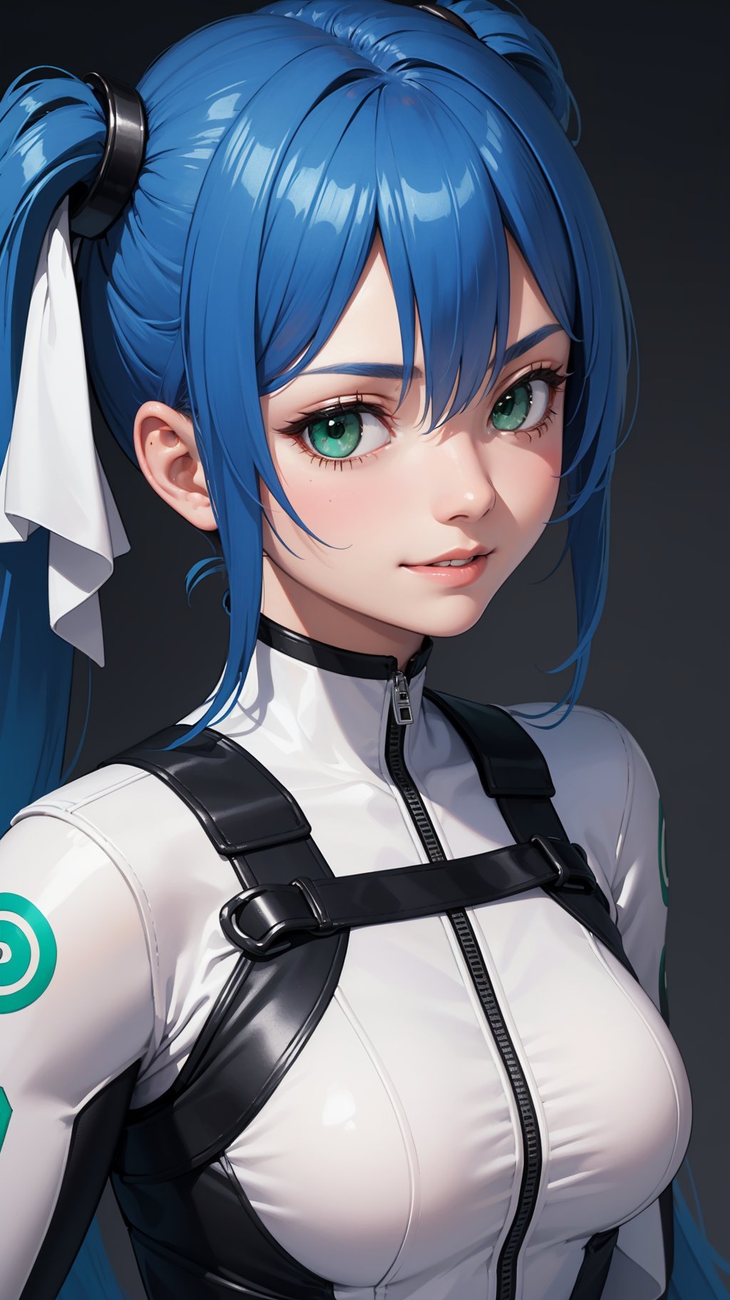 (masterpiece, best quality), beautiful girl, blue hair, twintail,, white skin, green eyes, sharp jawline, bodysuit, messy hair, upper body, close up, smirk