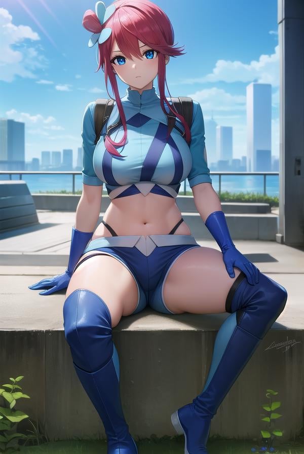 pokemonskyla, <lora:pokemonskyla-lora-nochekaiser:1>,pokemonskyla, blue eyes, hair ornament, one side up, red hair, short hair with long locks, sidelocks,BREAK blue footwear, blue gloves, blue jacket, blue shorts, boots, crop top, cropped jacket, gloves, jacket, midriff, navel, short shorts, shorts, thigh pouch,BREAK looking at viewer, upper body, full body,BREAK outdoors, city, sky, sun,BREAK <lyco:GoodHands-beta2:1>, (masterpiece:1.2), best quality, high resolution, unity 8k wallpaper, (illustration:0.8), (beautiful detailed eyes:1.6), extremely detailed face, perfect lighting, extremely detailed CG, (perfect hands, perfect anatomy), 