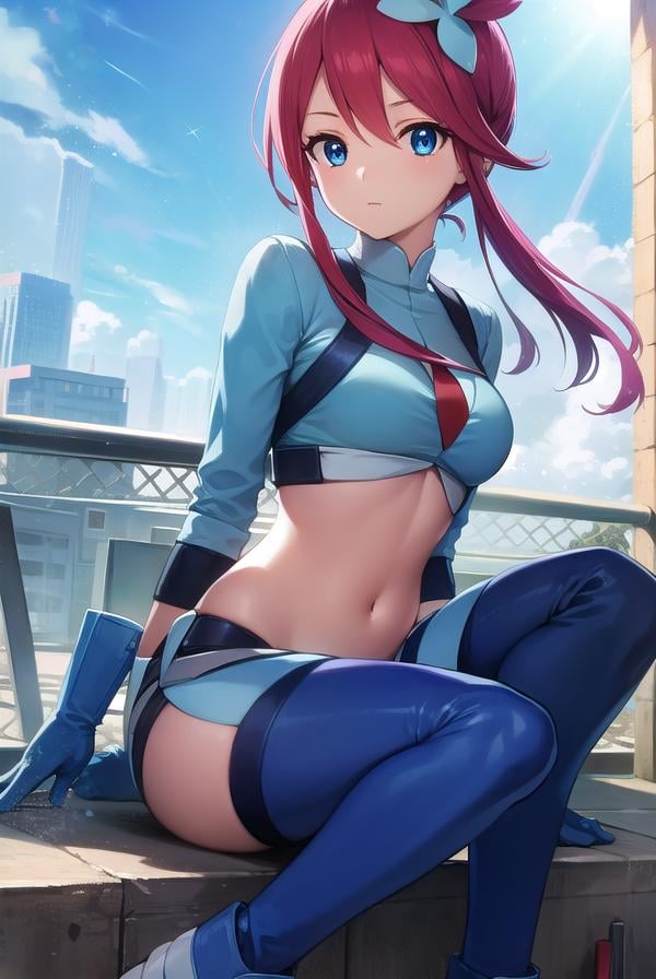 pokemonskyla, <lora:pokemonskyla-lora-nochekaiser:1>,pokemonskyla, blue eyes, hair ornament, one side up, red hair, short hair with long locks, sidelocks,BREAK blue footwear, blue gloves, blue jacket, blue shorts, boots, crop top, cropped jacket, gloves, jacket, midriff, navel, short shorts, shorts, thigh pouch,BREAK looking at viewer, upper body, full body,BREAK outdoors, city, sky, sun,BREAK <lyco:GoodHands-beta2:1>, (masterpiece:1.2), best quality, high resolution, unity 8k wallpaper, (illustration:0.8), (beautiful detailed eyes:1.6), extremely detailed face, perfect lighting, extremely detailed CG, (perfect hands, perfect anatomy), 